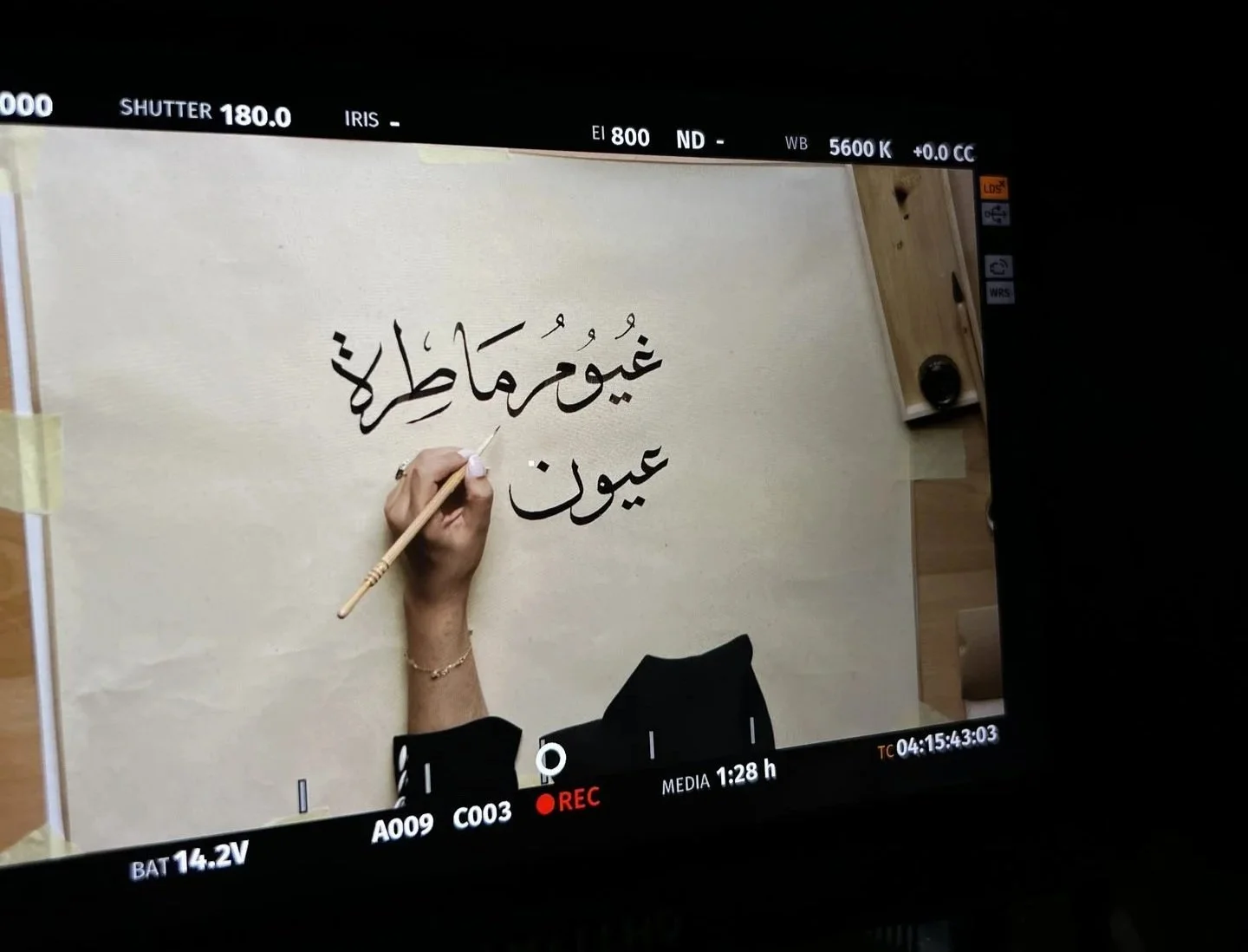 SmallHD monitor displaying Arabic calligraphy brushwork being recorded for Evolving Cities