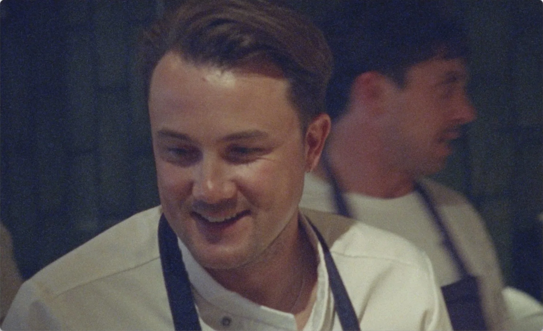 Chef portrait at Mountain restaurant kitchen during Le Doyenné collaboration, candid
16mm film still by James Dougan