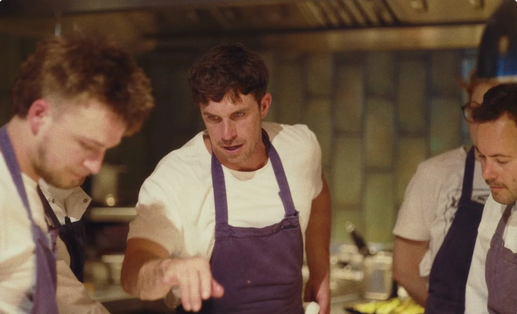 Tomos Parry directing Mountain kitchen during service, Michelin star restaurant Soho
London, 16mm documentary James Dougan