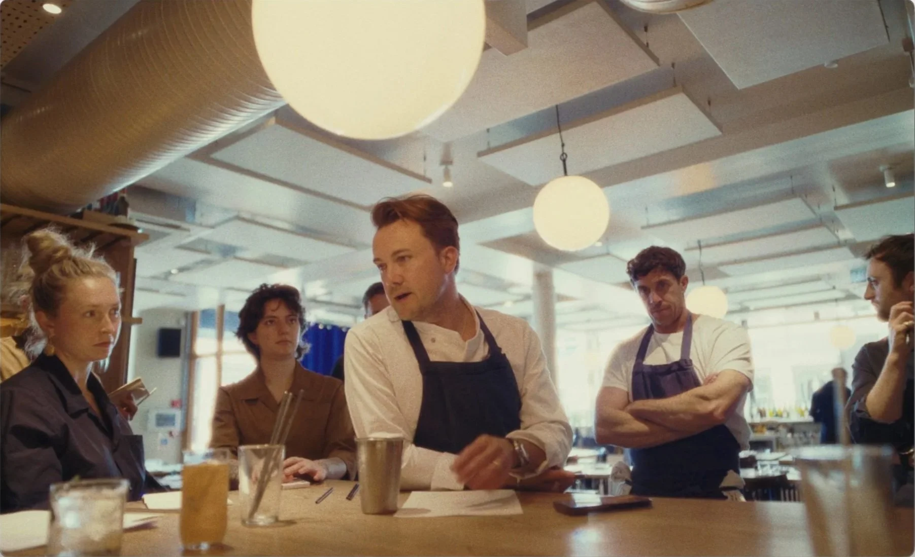 Tomos Parry leading pre-service briefing at Mountain restaurant Soho, Michelin star
chef, documentary film by James Dougan