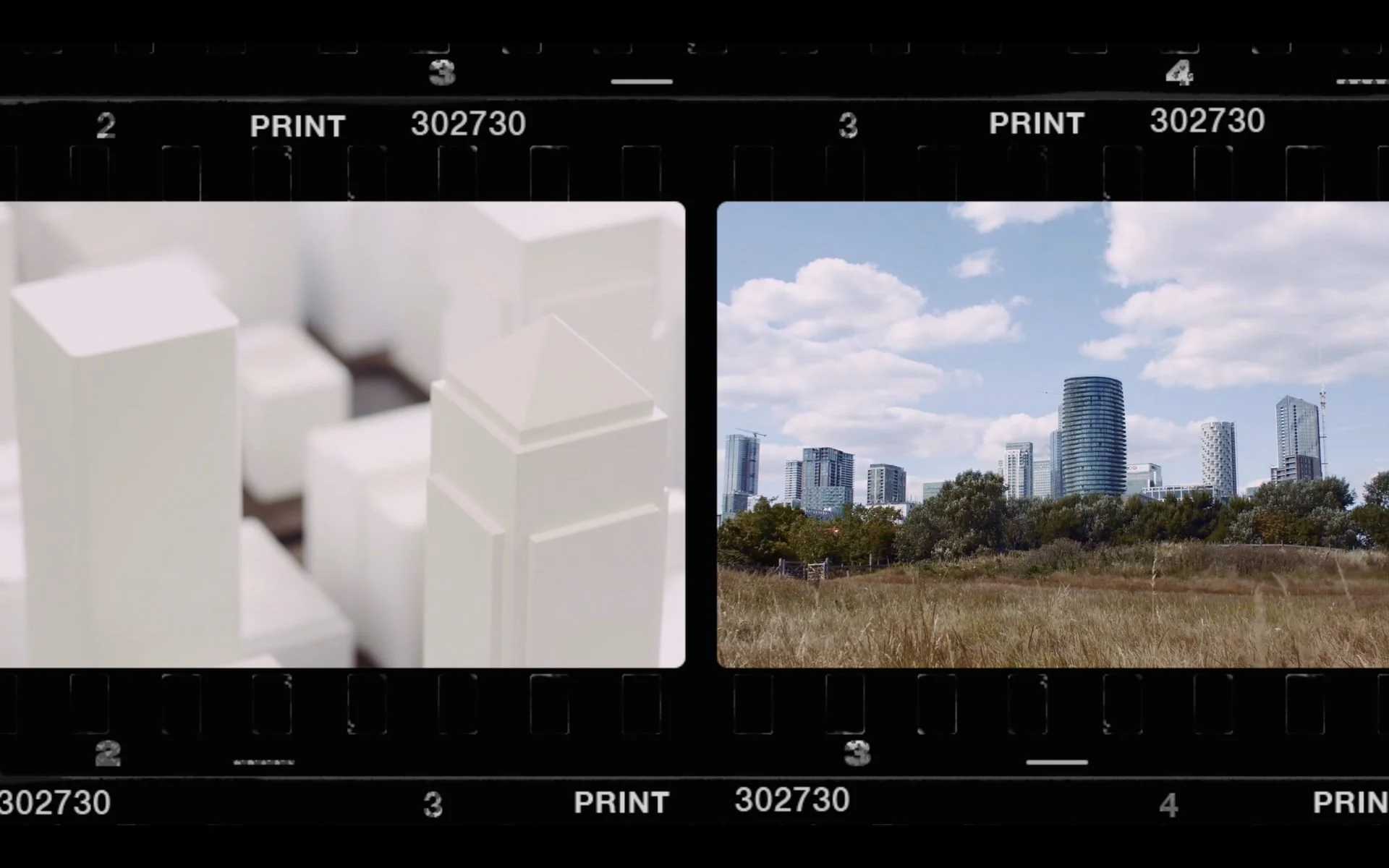 Architectural scale models paired with contemporary city views, connecting design concepts to the evolving urban landscape of Millharbour.