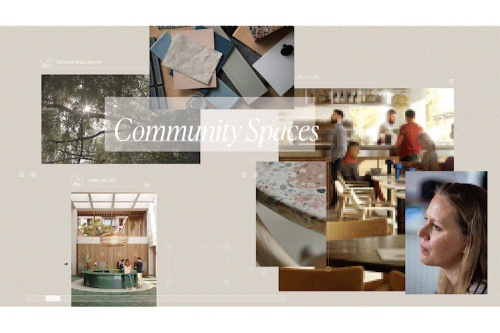 Animated collage of photos featuring community spaces, including outdoor scenery, tables with supplies, people working together, and a woman in profile.