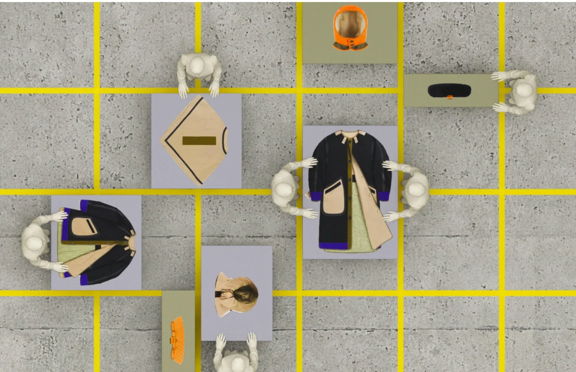 Pre-production 3D overhead render of modular Marfa Stance outerwear on plinths with
mannequin figures, DOP James Dougan