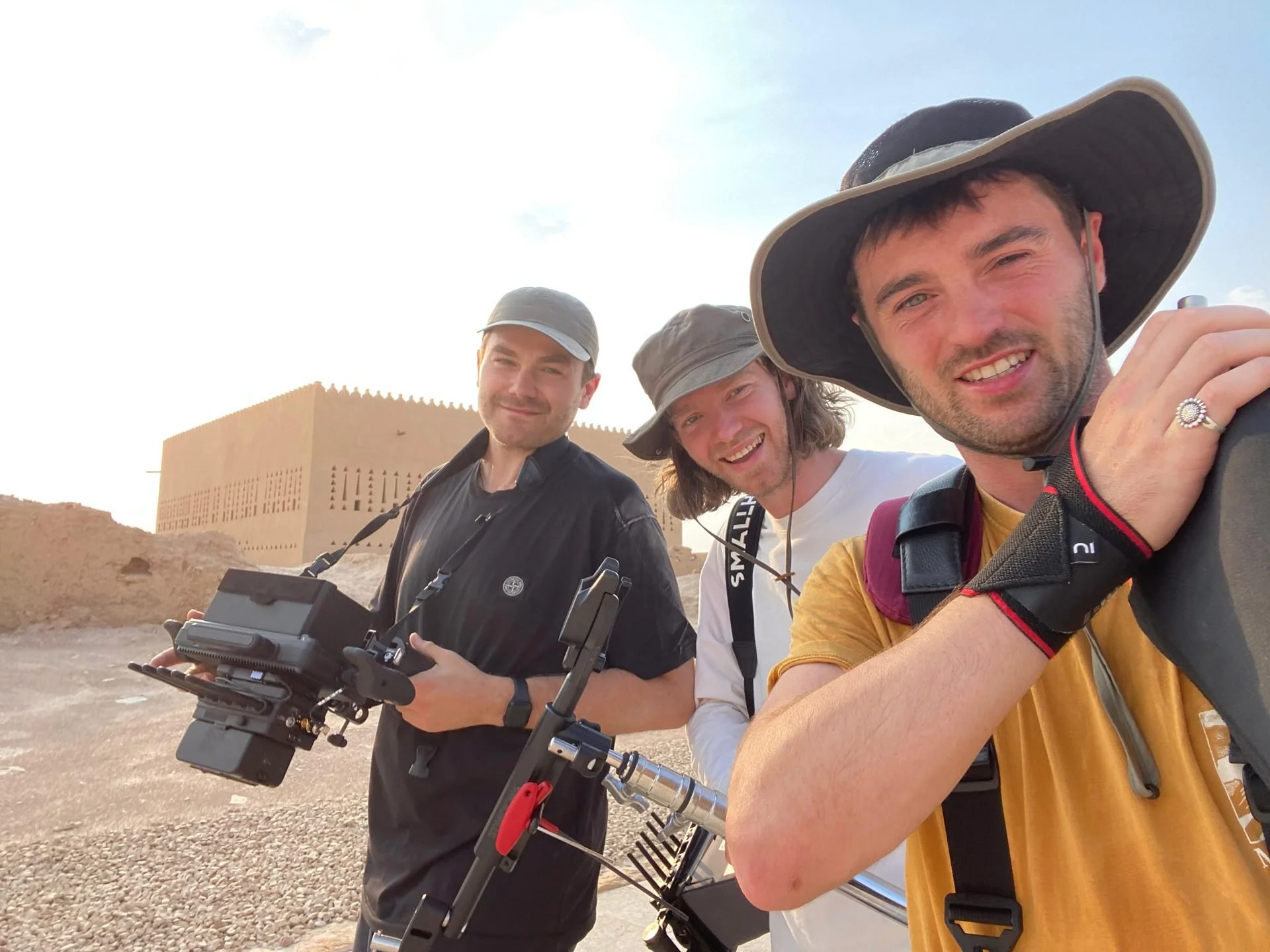 Cameraman with steadicam rig at Diriyah heritage site during Evolving Cities filming