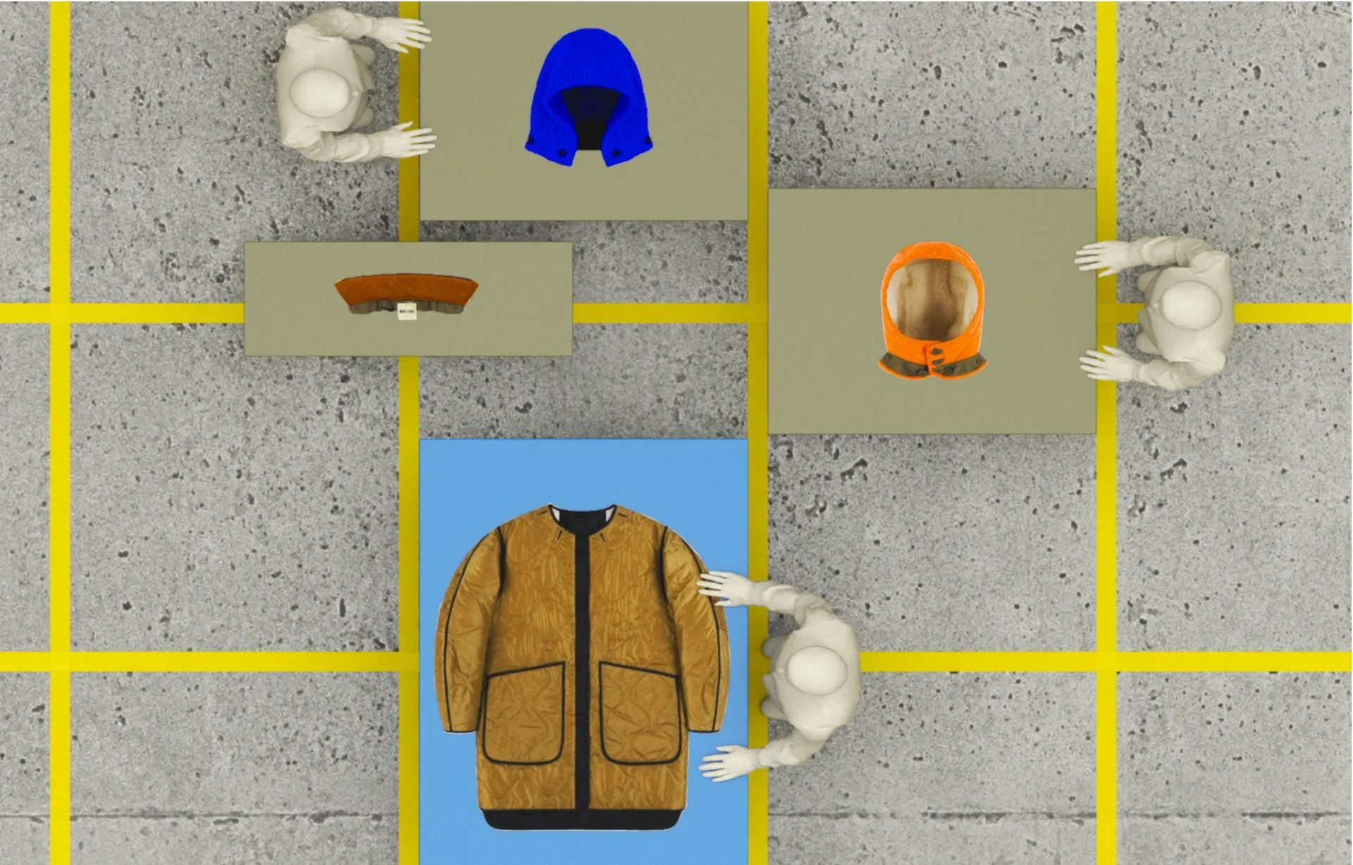 Pre-production 3D overhead render of Marfa Stance accessories, hoods and coat on colour
plinths, x Isabel & Helen, DOP James Dougan