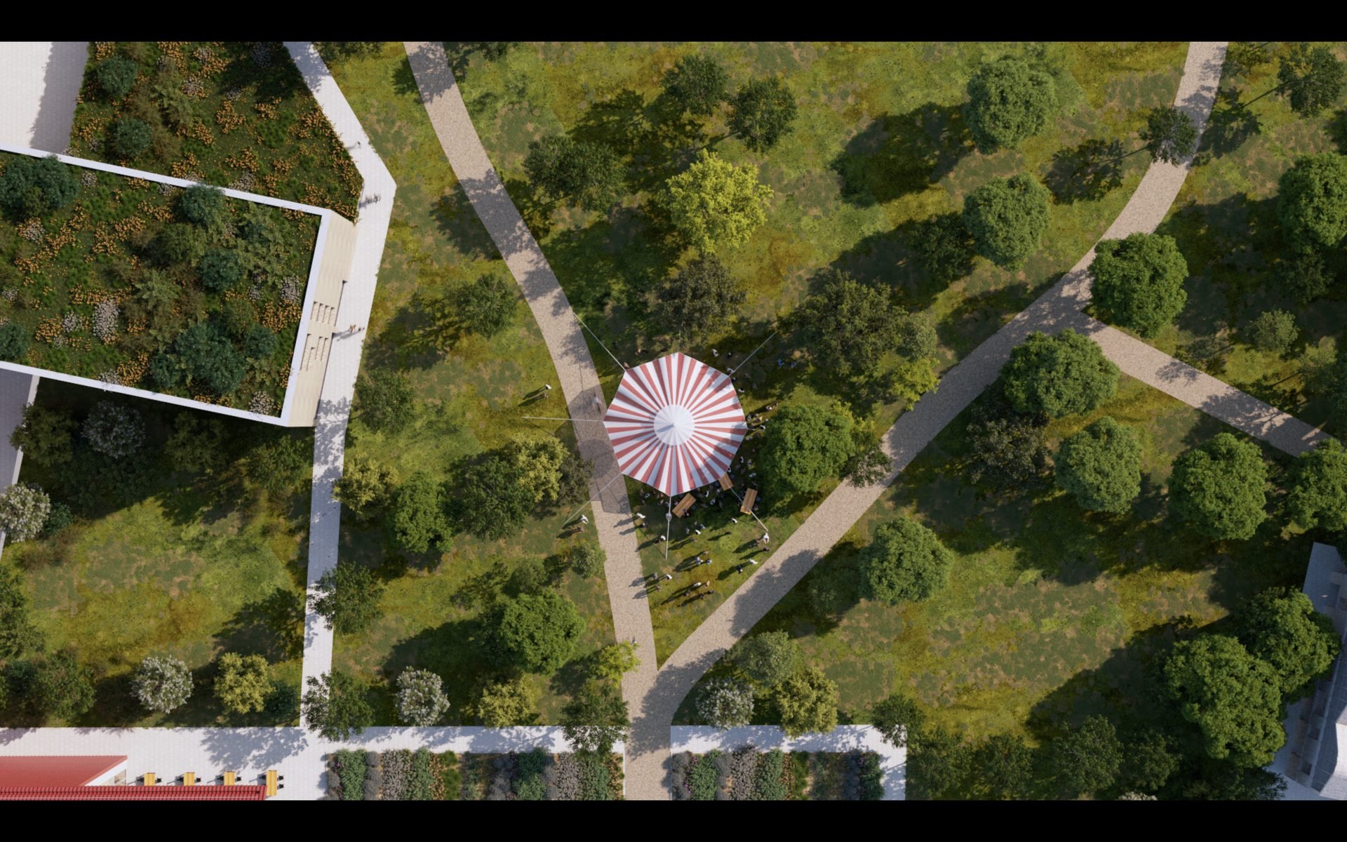 Oxford North landscape masterplan CGI aerial view in architectural development documentary
