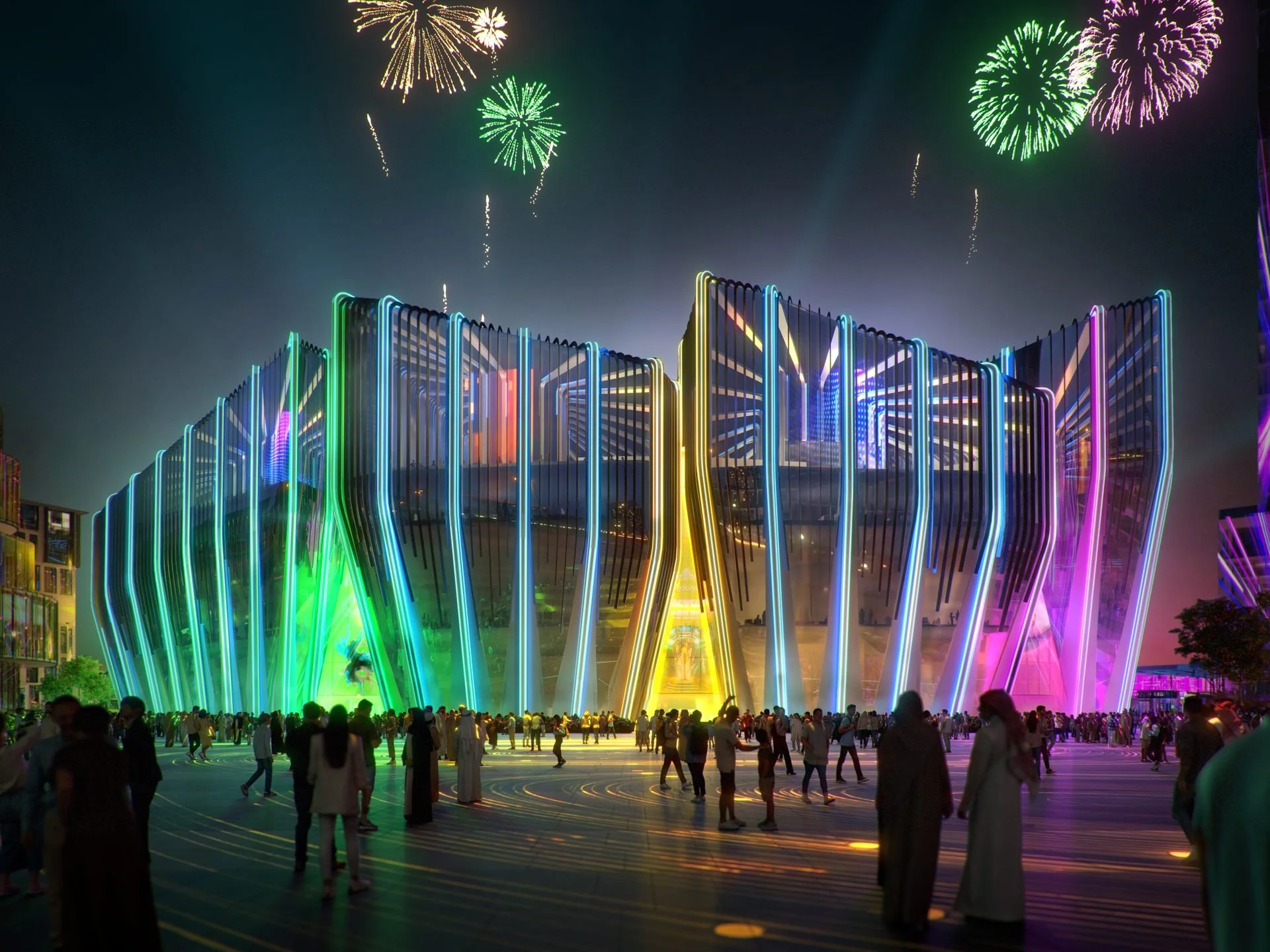 The Qiddiya E-Sports Arena illuminated at night with neon lights and fireworks - Saudi
Arabia's new entertainment city on the outskirts of Riyadh, featured in Vibrant Cities