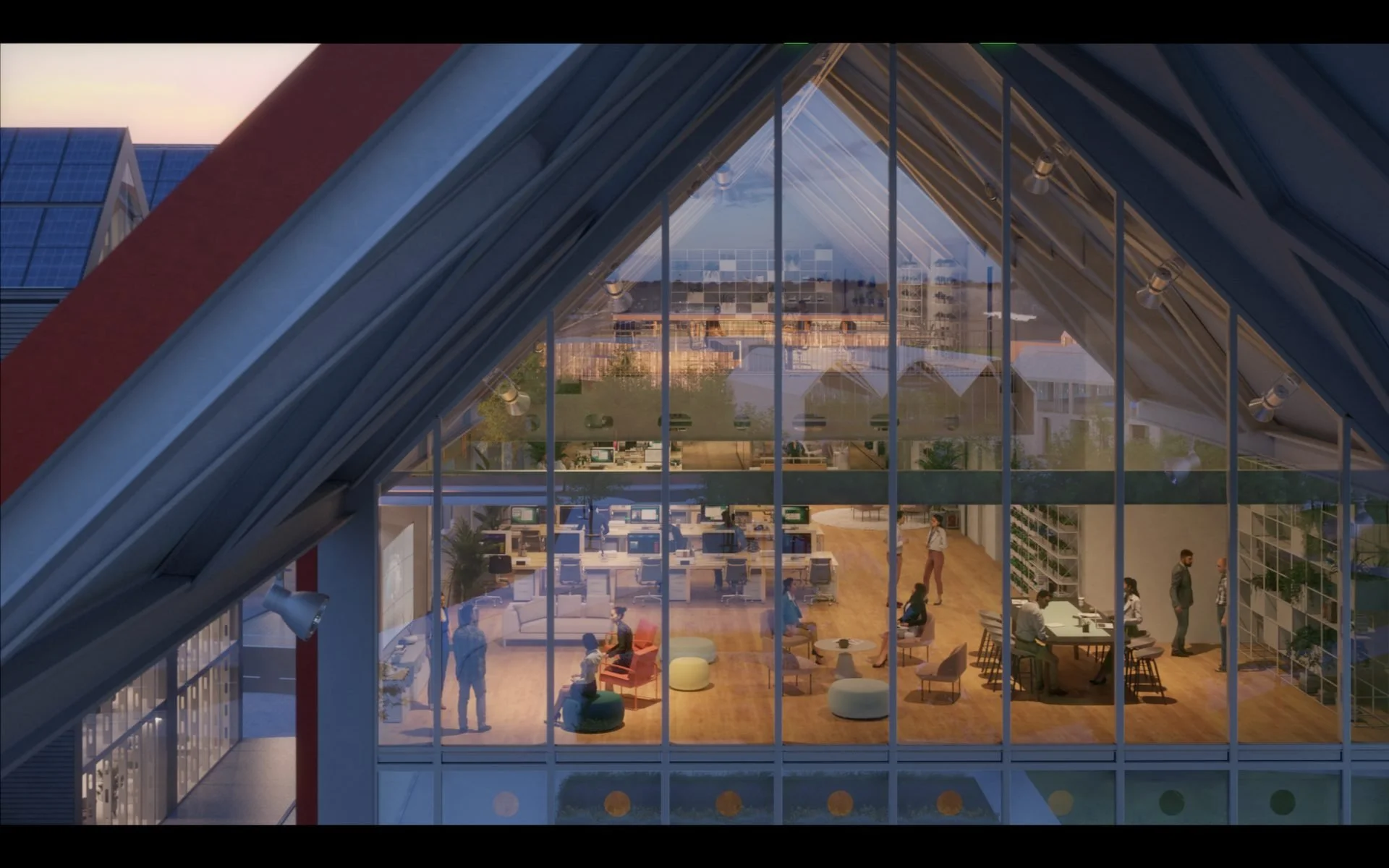 Interior CGI visualisation of Oxford North showing shared workspaces and communal areas, used in a branded architectural documentary to communicate design intent and future use.