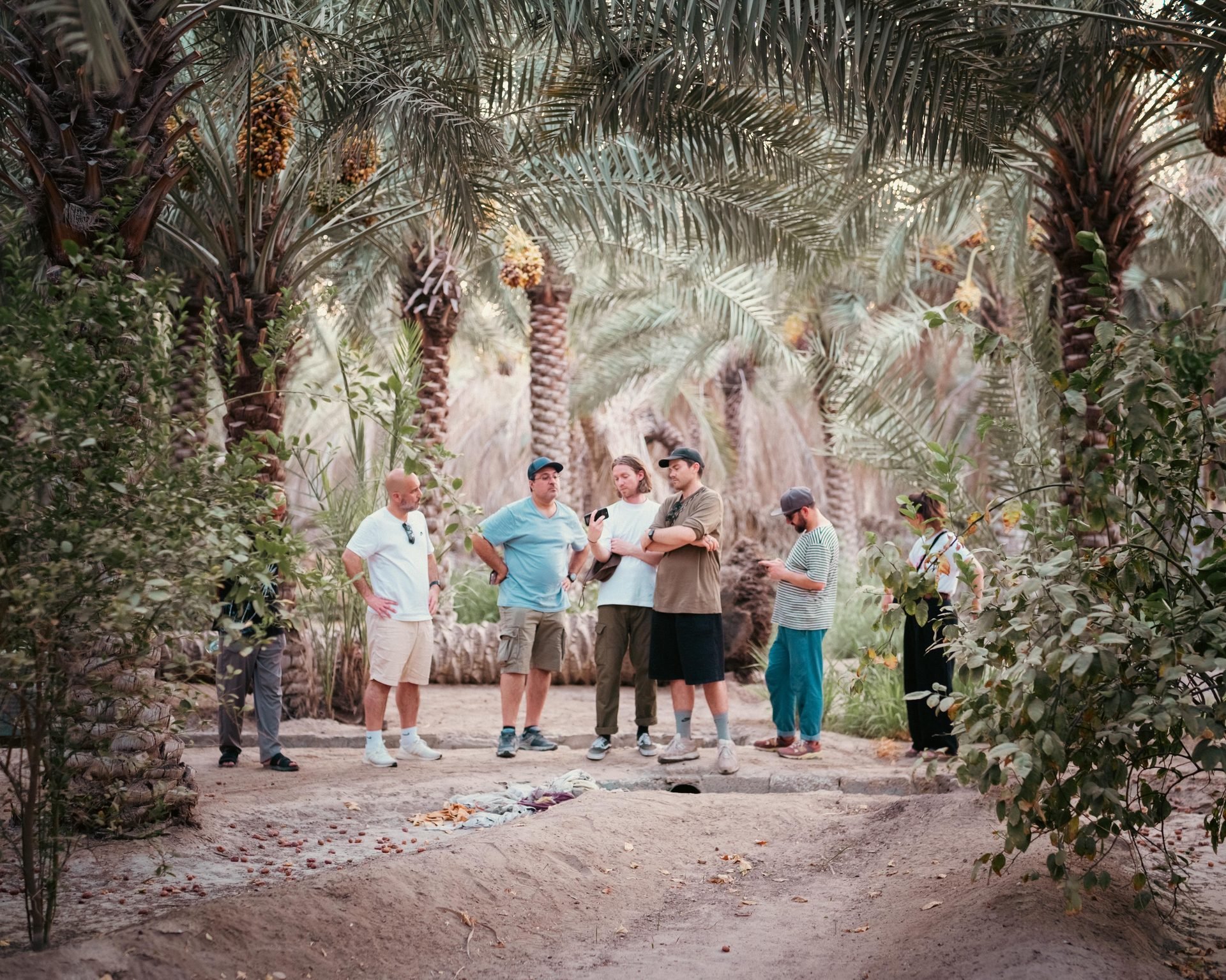 Crew reviewing playback at Al-Ahsa Oasis during Evolving Cities production