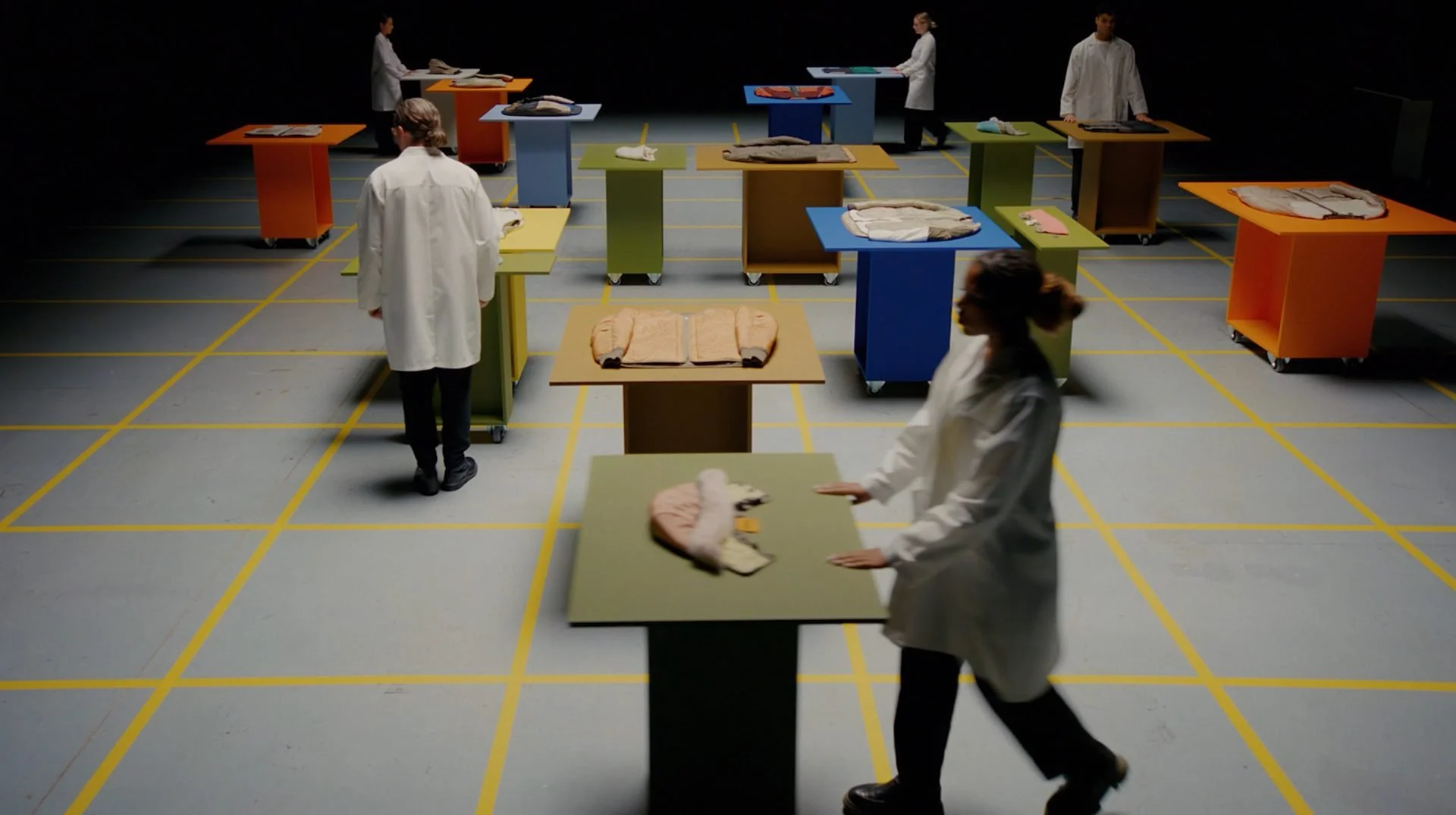 Marfa Stance film still: wide studio shot of performers in white coats moving through
colour-blocked plinth grid, DOP James Dougan