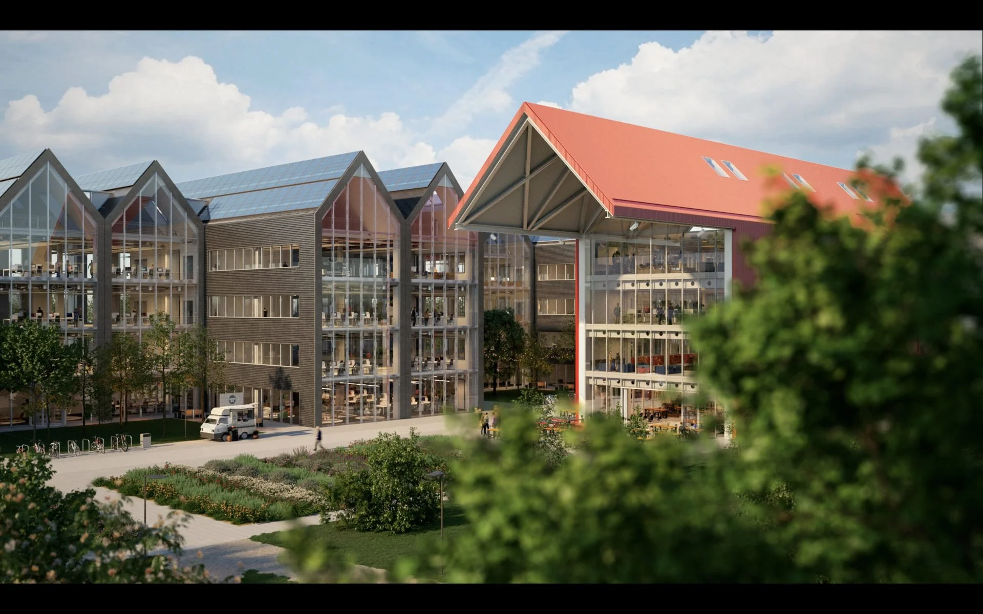 CGI visualisation of the Oxford North development, used in a branded architectural documentary to communicate design intent, scale, and future use.