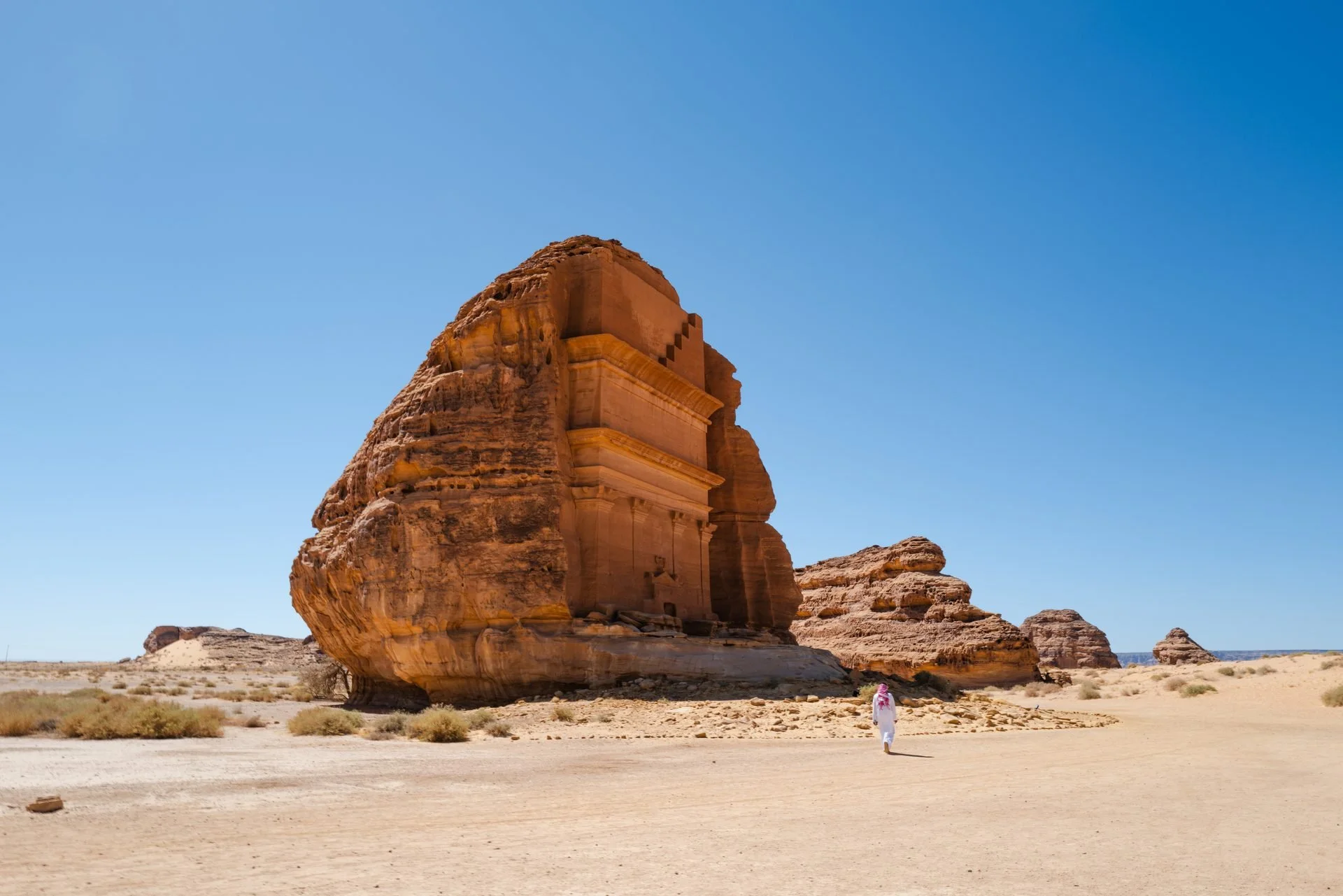 Hegra Nabataean tomb Qasr al-Farid at AlUla captured during Evolving Cities location scouting