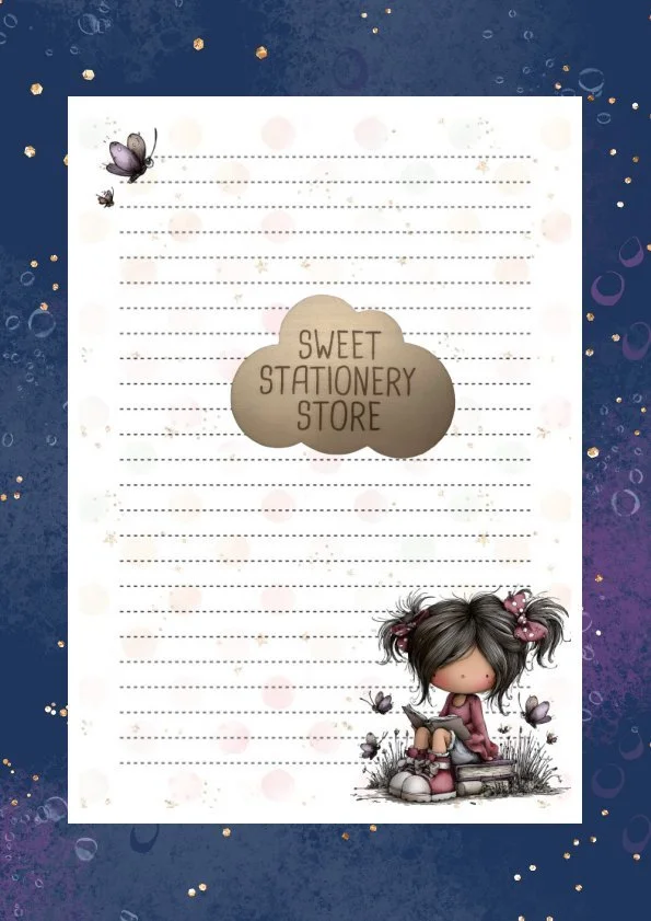 Girl & Books and Butterflies Stationery, letter writing paper & Sticker set