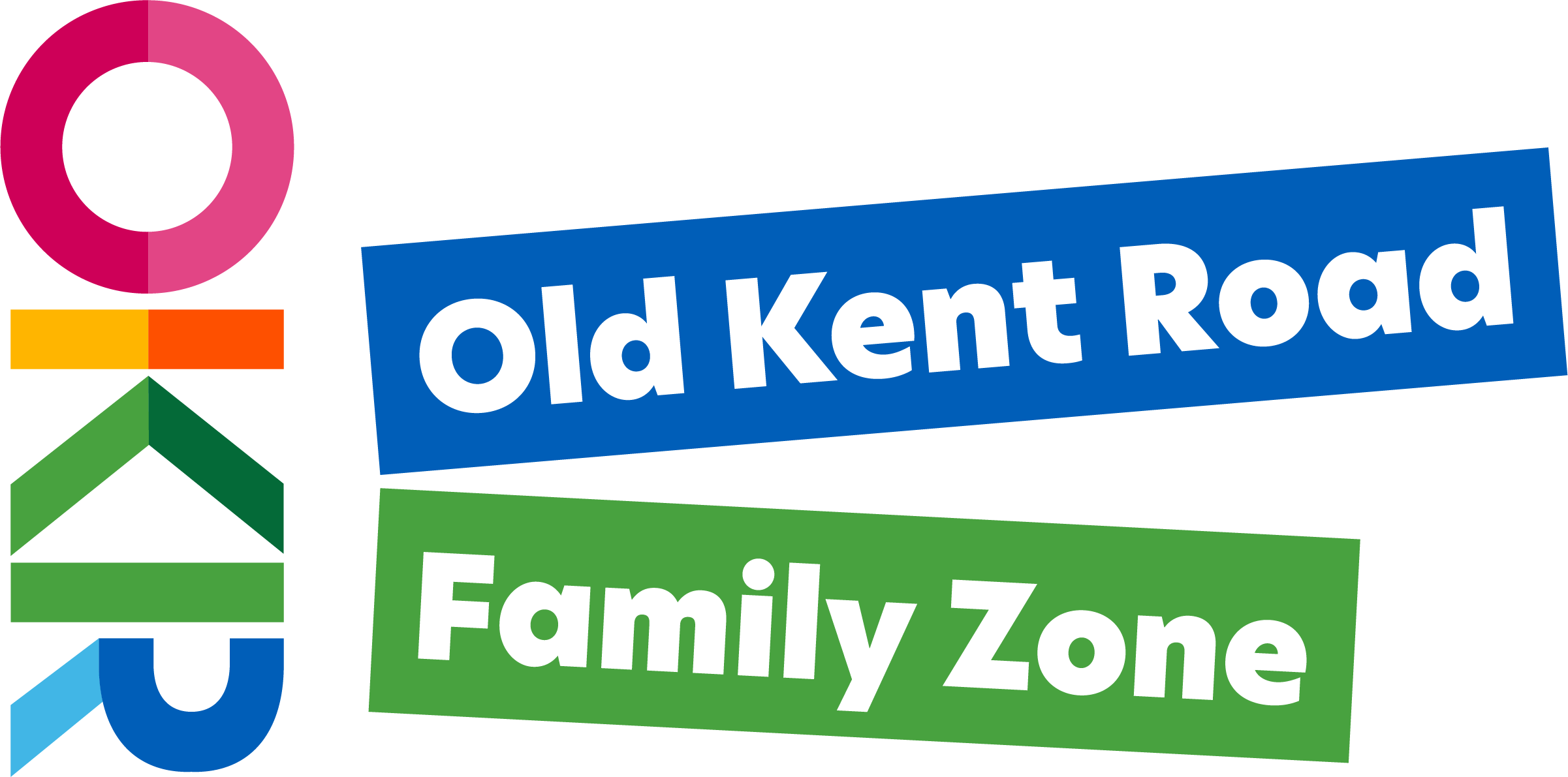 Colorful sign with the text 'Old Kent Road' on a blue background and 'Family Zone' on a green background, with a stylized street sign design.