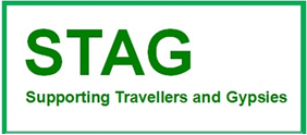Logo for STAG organization supporting travelers and Gypsies, with green text and border.