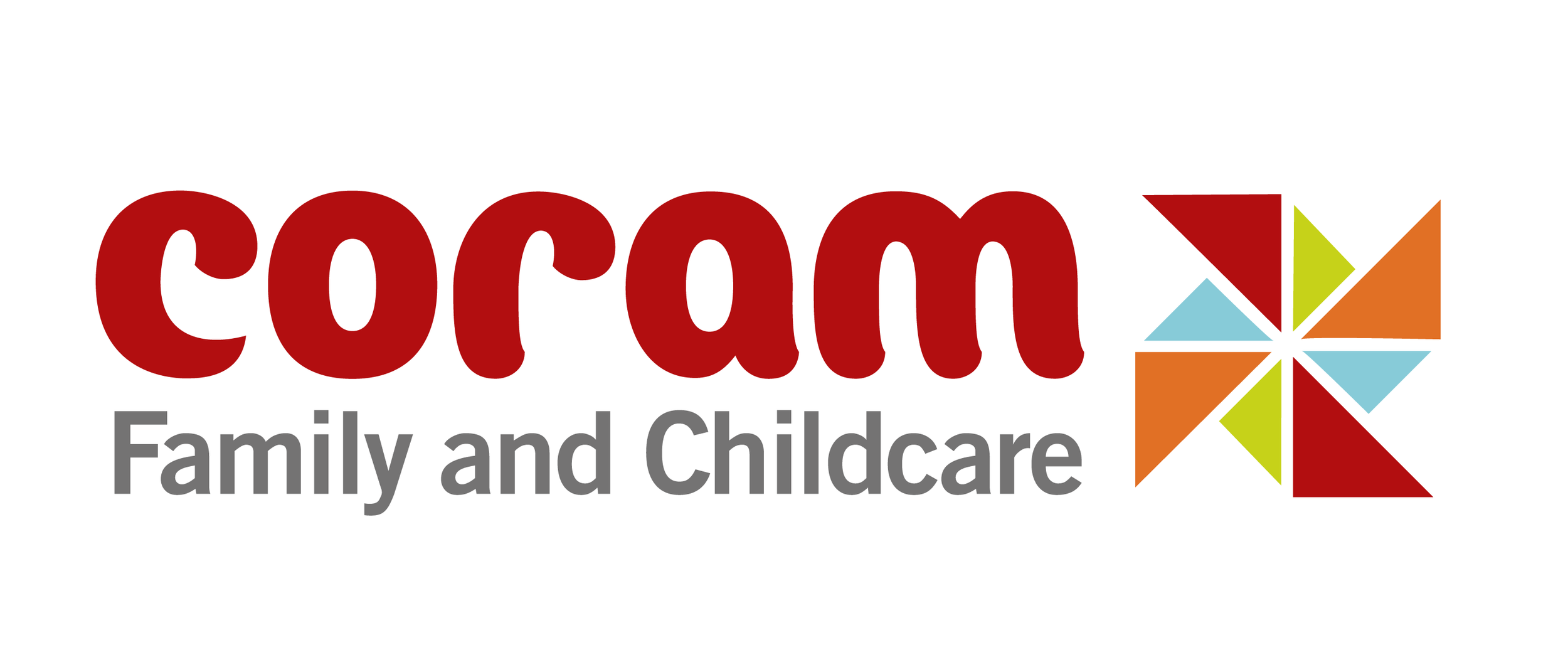 Coram Family and Childcare logo with colorful pinwheel design.