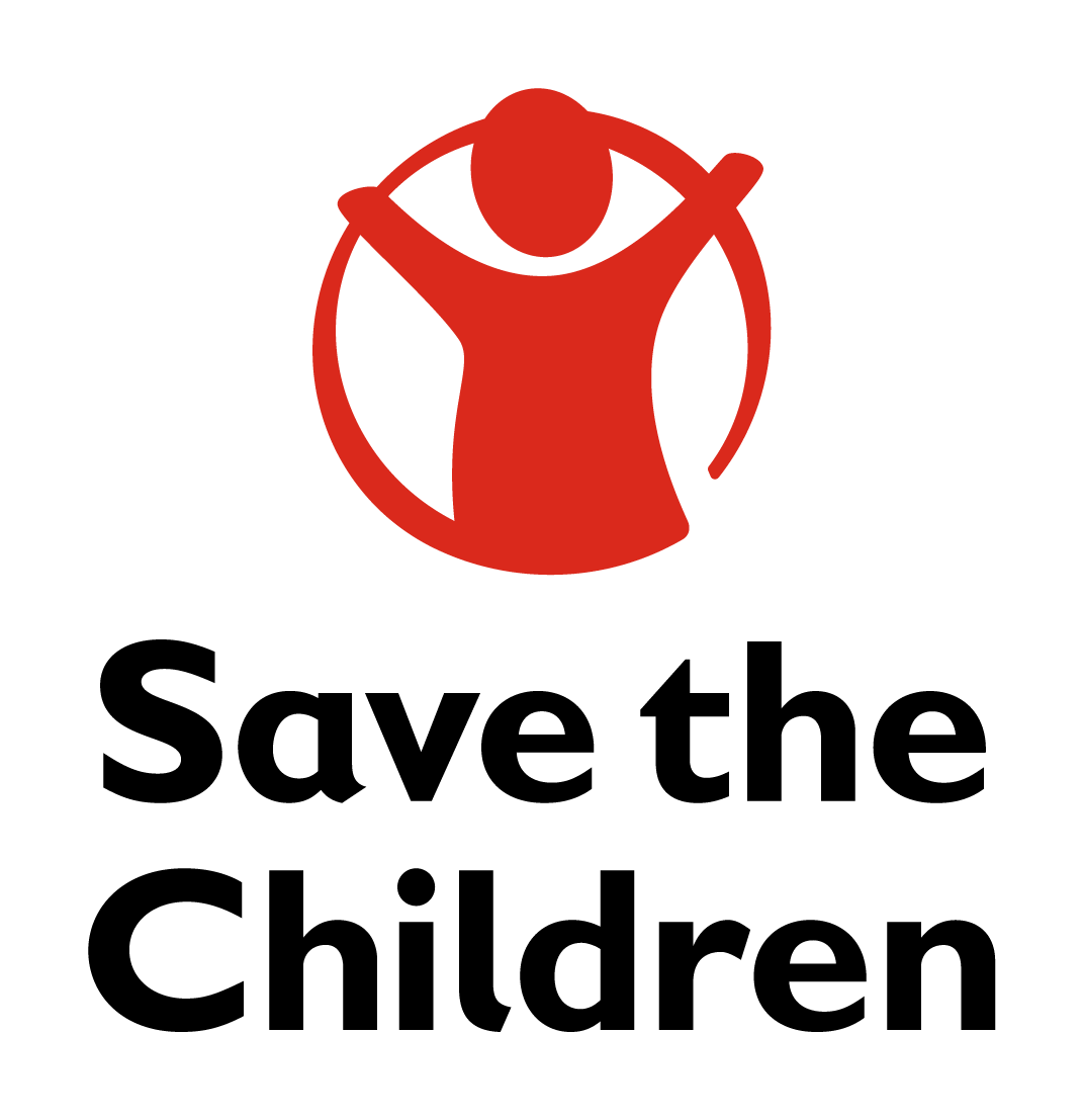 Red and black logo depicting a stylized human figure with raised arms, encased in a circle, with the words "Save the Children" below.