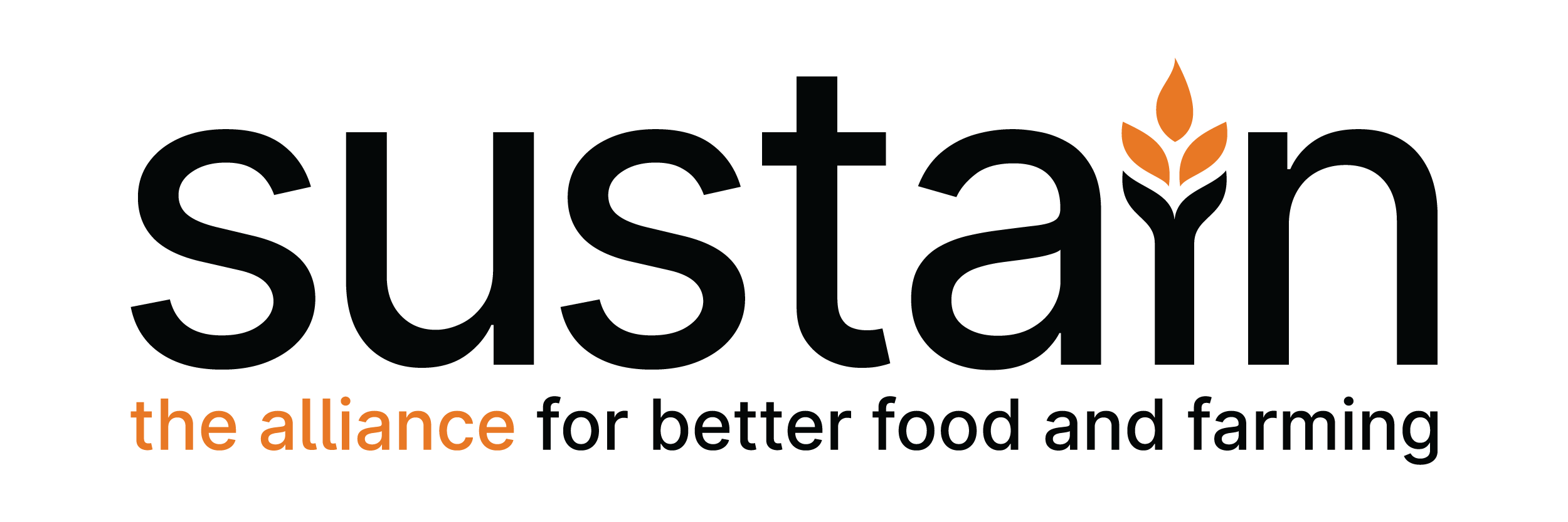 Substantial logo with a stylized wheat symbol above the words "the alliance" in orange, and the phrase "for better food and farming" below in black.