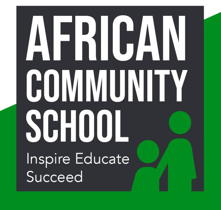 Logo of African Community School with the tagline, Inspire Educate Succeed, featuring stylized figures of an adult and a child in green against a black background.
