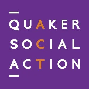 Quaker Social Action logo with white and orange text on a purple background.