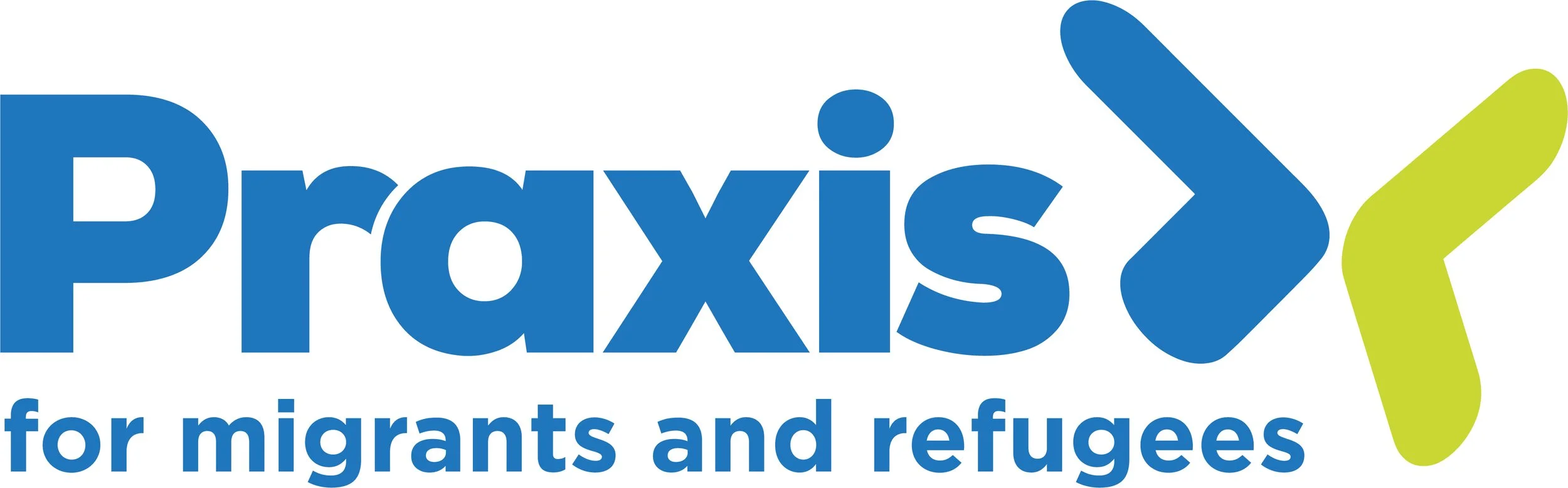Praxis logo in blue with a green arrow, and the text "Proxim for migrants and refugees" in blue.