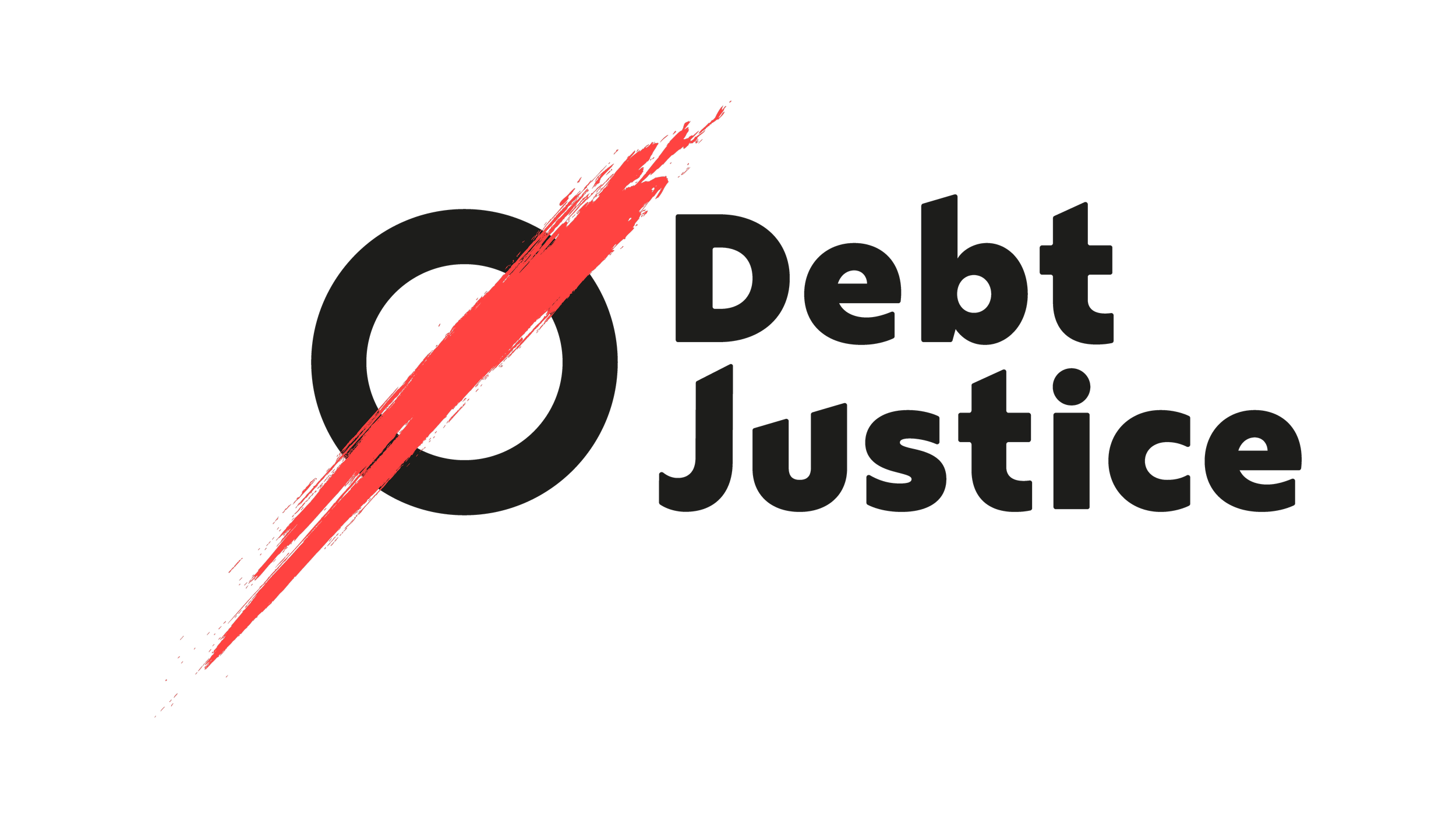 A black background with the words "Debt Justice" in dark gray text, overlaid by a large red brushstroke slash.