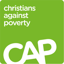 Green square with white text reading 'Christians against poverty' and large white 'CAP'