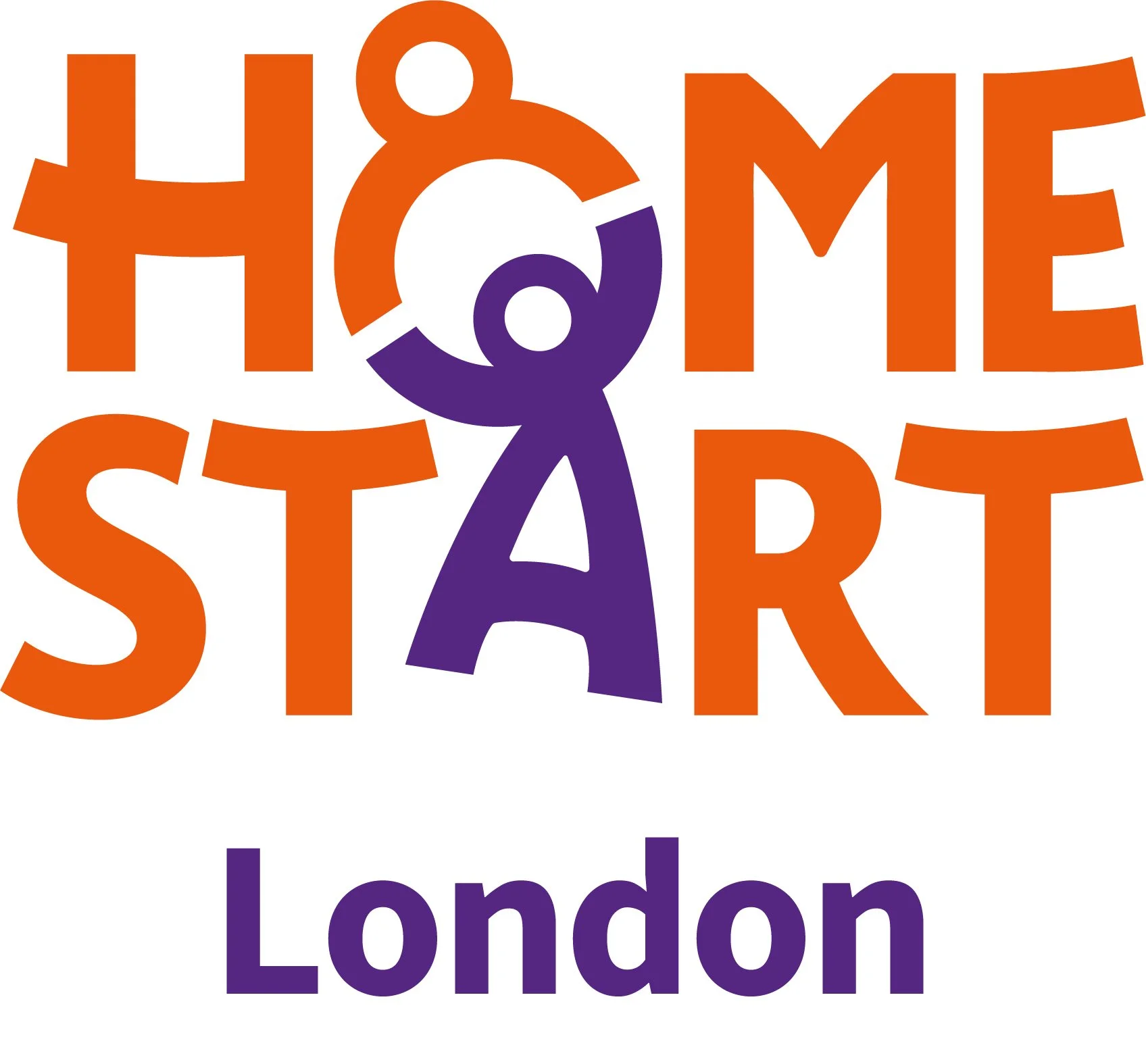 Colorful logo with the words "Home Start" in orange and purple, with a stylized figure in purple in the middle, and the word "London" below.