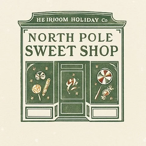 Illustration of a storefront sign for North Pole Sweet Shop with candy and lollipop decorations.