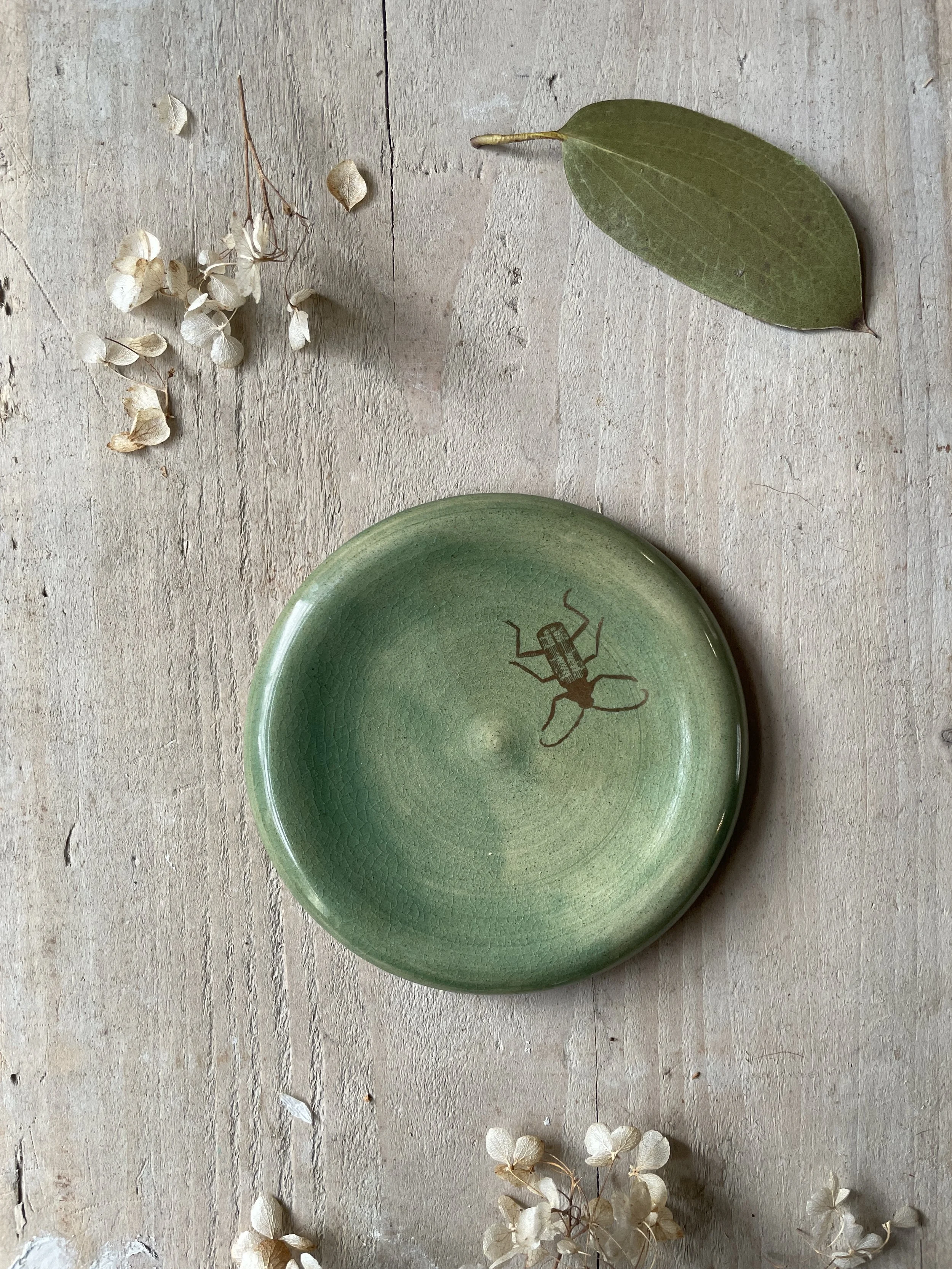Moss Green & Gold Insect trinket dish