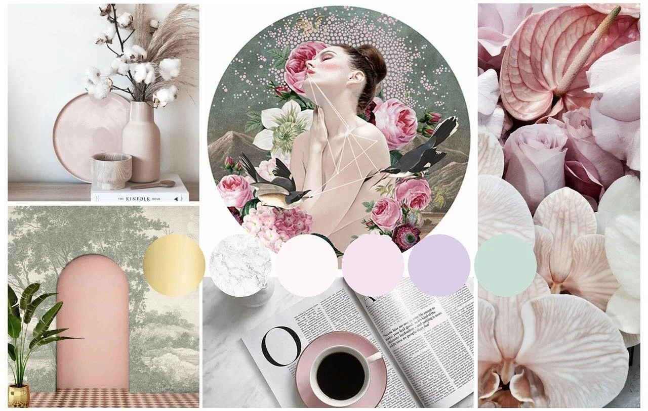 I designed this inspiration board to reflect a client briefing for a feminine and sophisticated studio apartment with floral, pastel and Art Deco features. I love the centre art piece by Alexandra Gallagher, it will look gorgeous as a wall mural behi