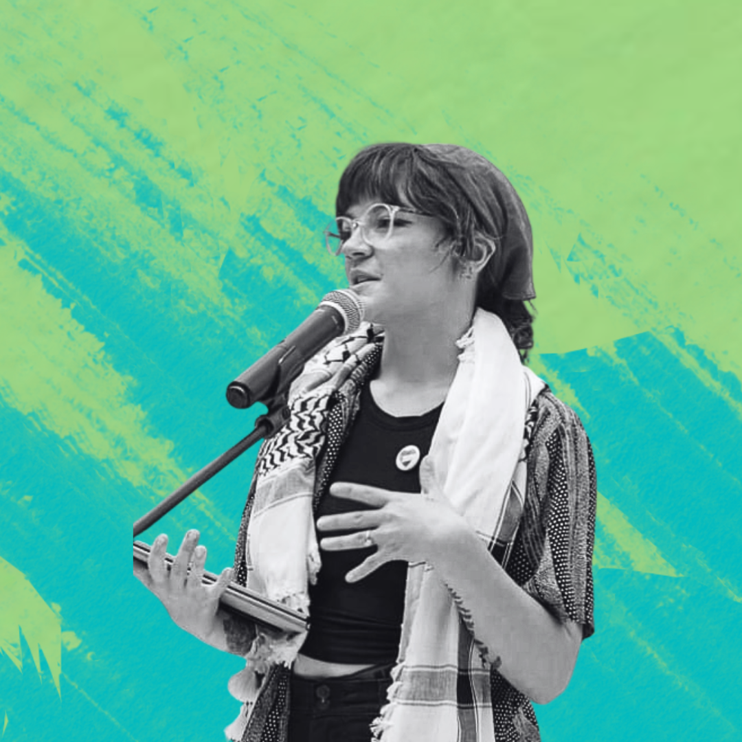 Ayla Boylen in black and white talking in microphone holding protest sign, cut out and pasted on a blue and green painted background