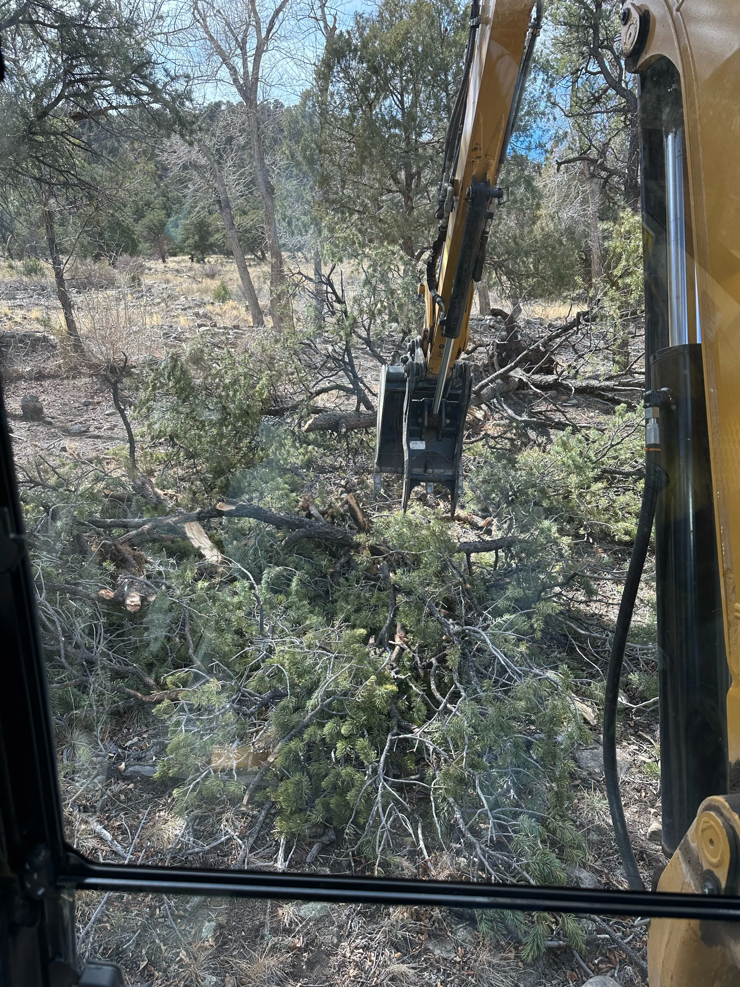 Cab view of land clearing brush pile on acreage site, Franktown CO area