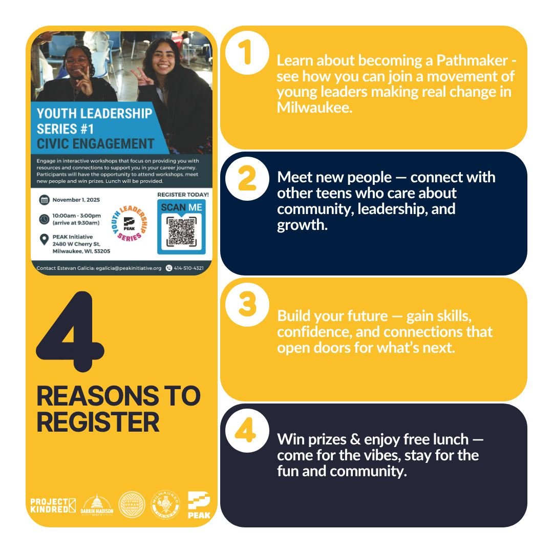 Ready to lead, learn, and make change? 💪
Join Milwaukee teens for Youth Leadership Series #1: Civic Engagement!
Discover how to become a Pathmaker, connect with peers, build confidence, and win prizes &mdash; lunch included! 🍴✨
📅 Nov 1 | 10AM&ndas