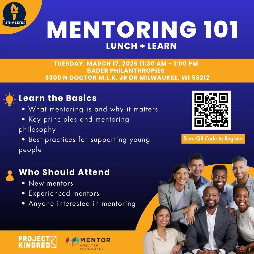 Milwaukee mentors, this one is for you.
Join us for Mentoring 101: Lunch + Learn and connect with others who are committed to showing up for young people across our city. We&rsquo;ll walk through what mentoring is, why it matters, and the practices t