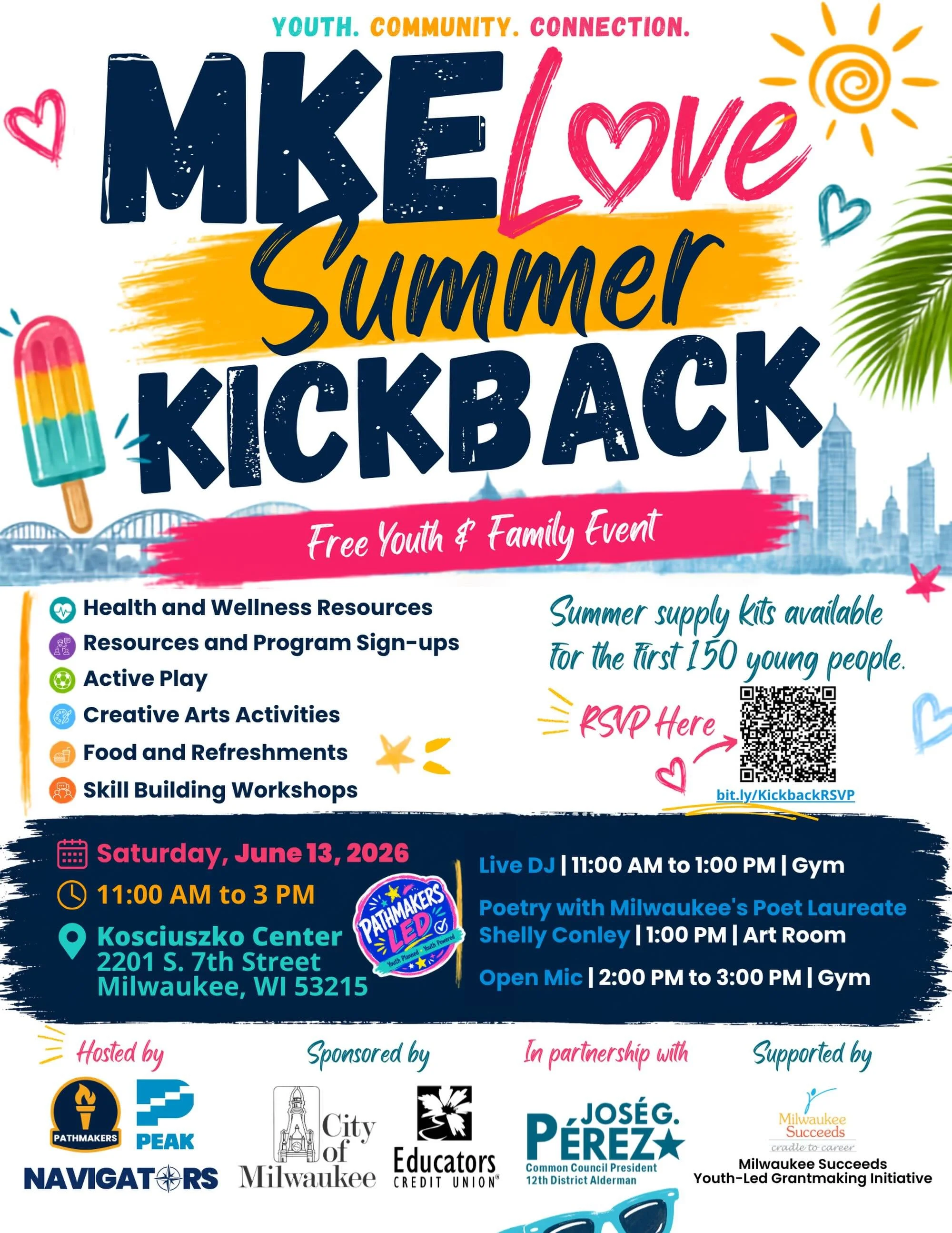 Summer starts here. ☀️🎶

Join us for the MKELove Summer Kickback on Saturday, June 13 from 11:00 AM&ndash;3:00 PM at the Kozy Center for a free community event built for young people, families, and the city of Milwaukee.

The MKELove Summer Kickback