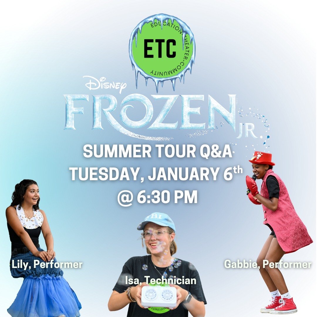 Questions about your ETC Summer Tour Application or Submission? Want to hear from folks that have worked for ETC in the past? Want support for your application??

Join us 1.06 TUESDAY NIGHT @ 6:30 PM on zoom for our informational Q&amp;A! All are wel