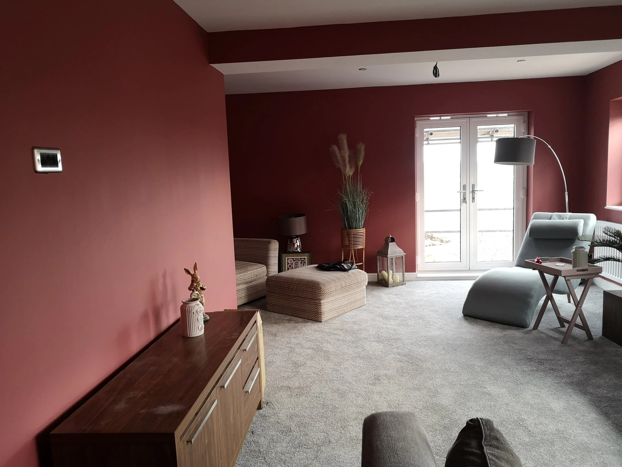 Inside the extension, with a steel RSJ installed, juliet balcony with french doors, plastered throughout 