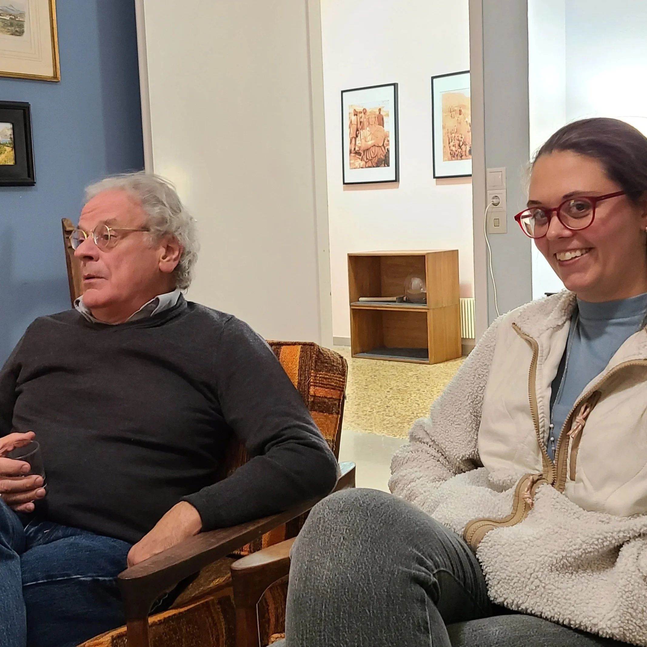 ouzo hour at ASCSA (Corinth) - Paul Scotton and Taylor Cwikla