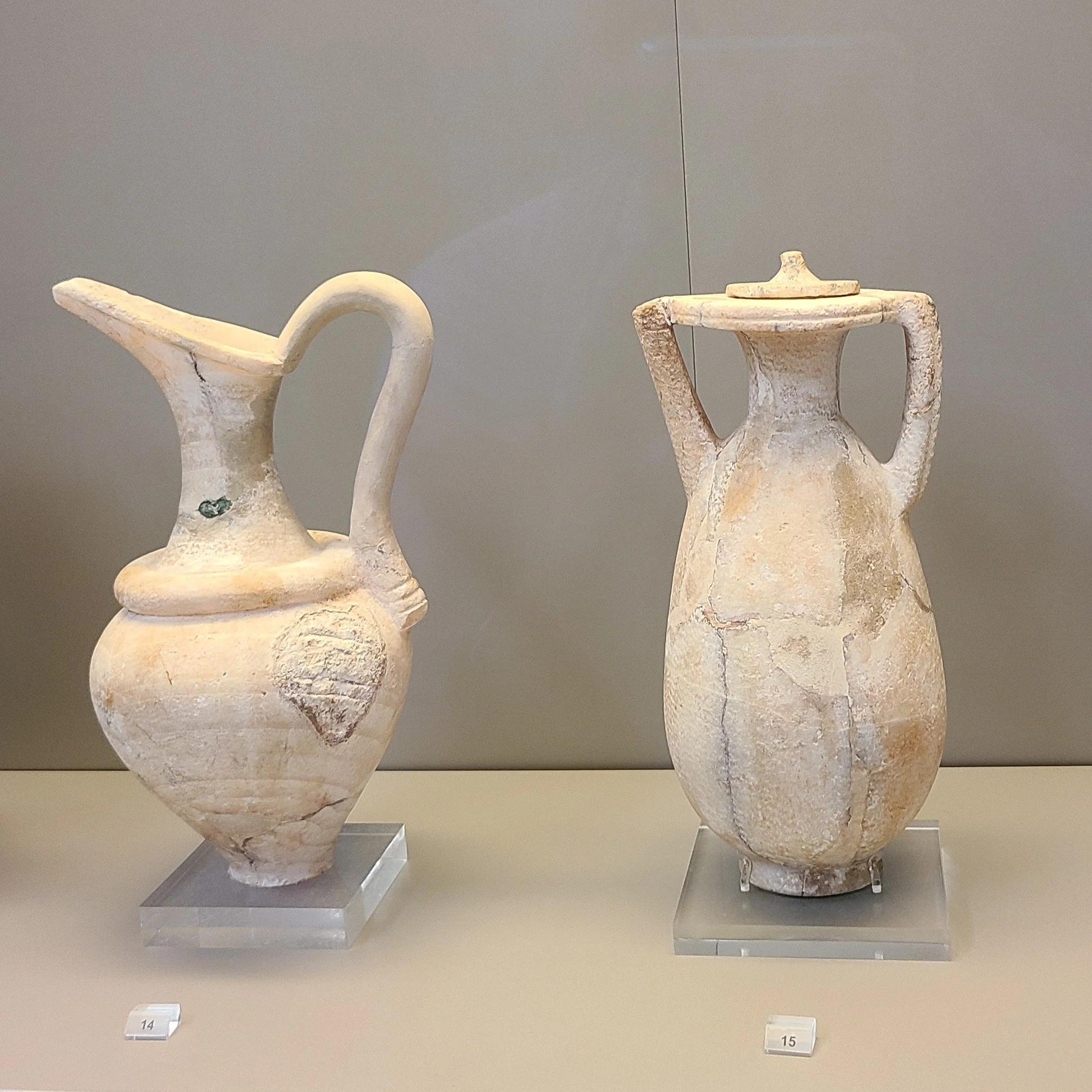 14. elaborate alabaster jug, Minoan Crete / 15. Alabaster jug w/ lid from Syro-Palestinian coast