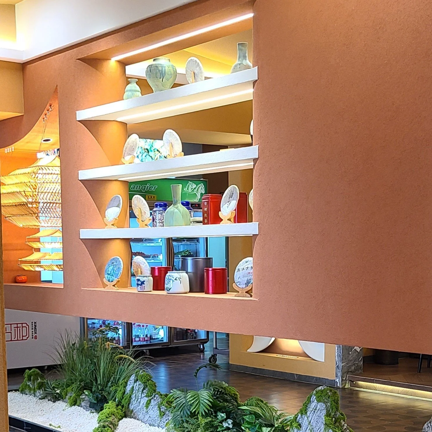 beautiful displays of ceramics and tea cakes