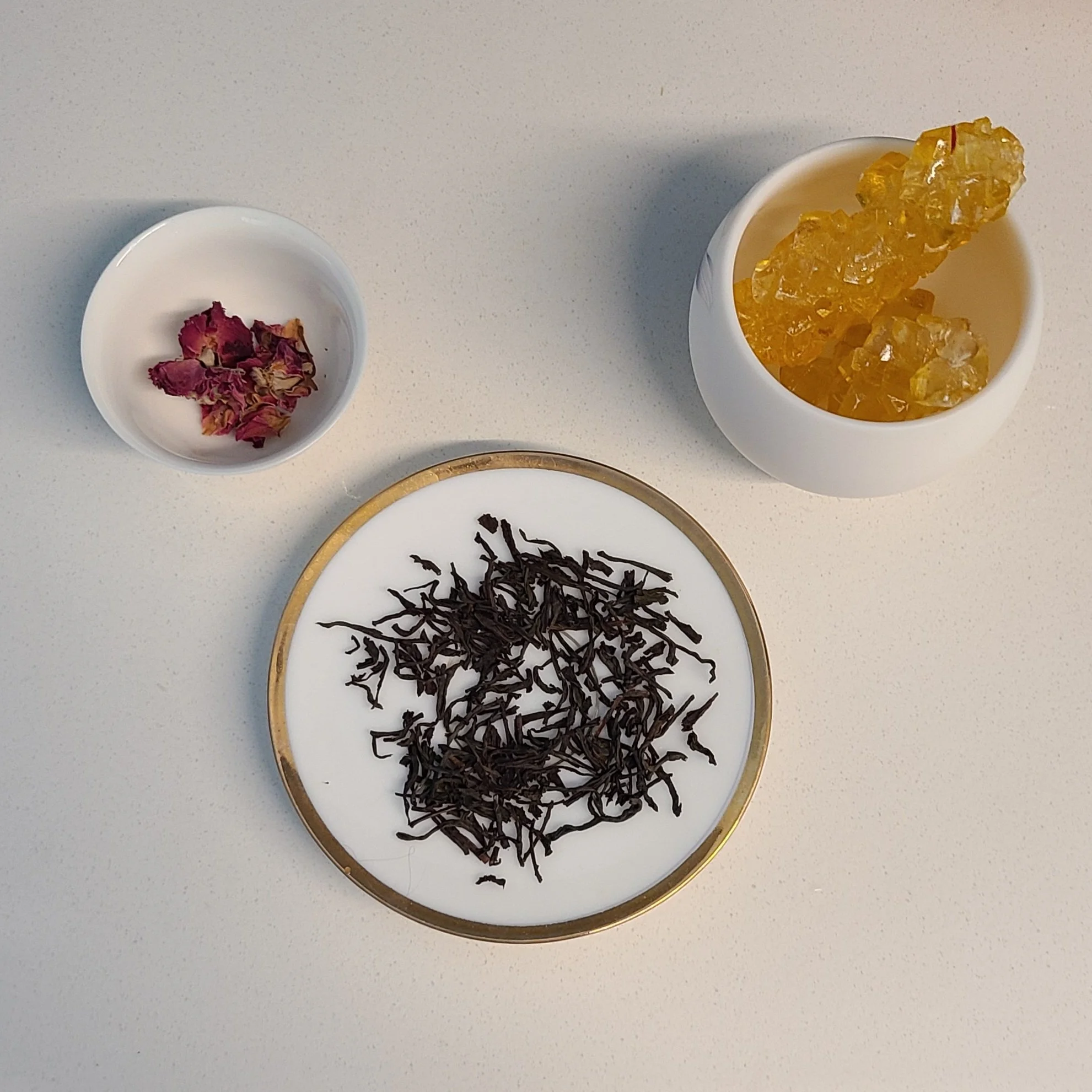 dried rose buds/petals, saffron rock sugar, Ceylon tea