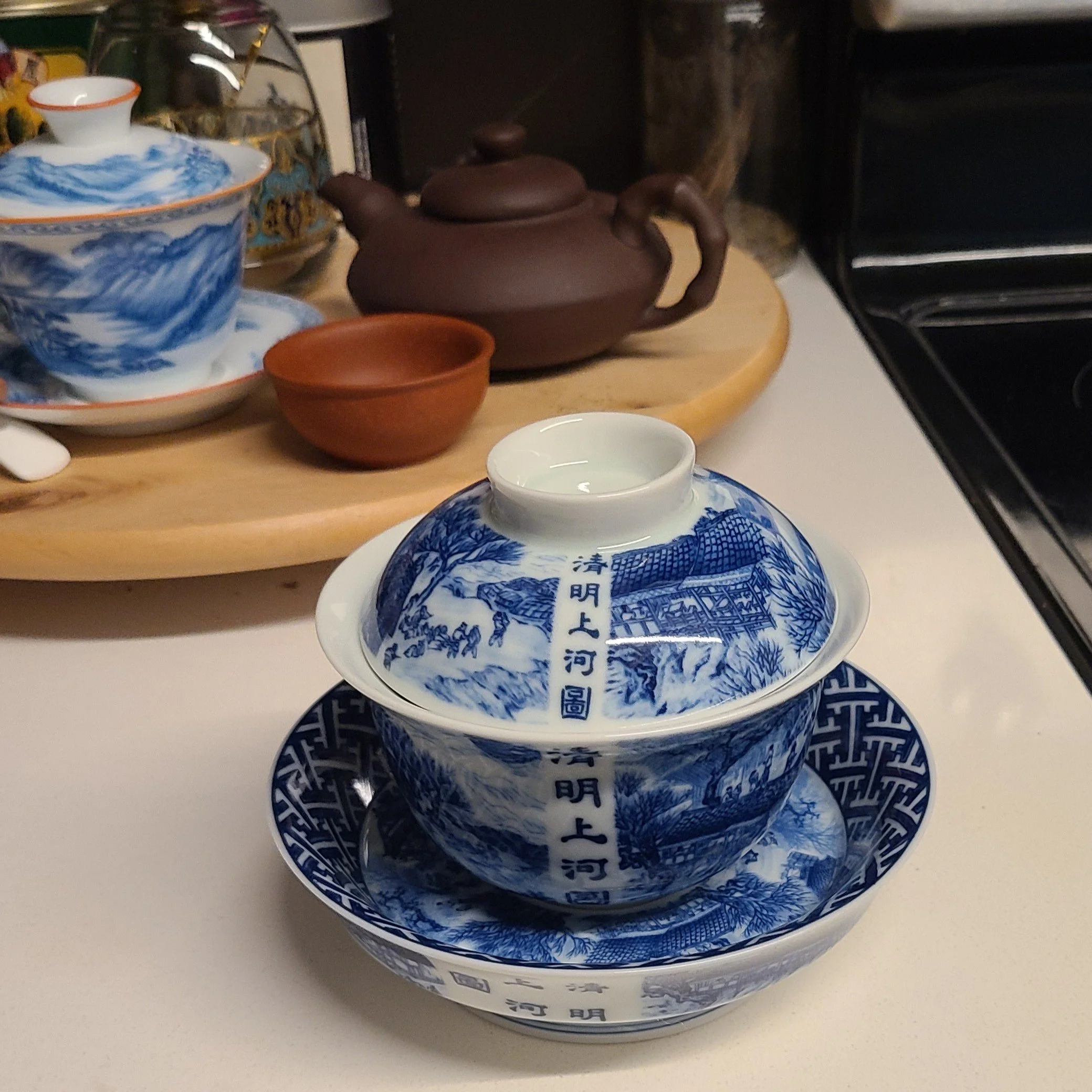 "Qingming Riverside Scene' Shanghetu Blue And White Porcelain Gaiwan