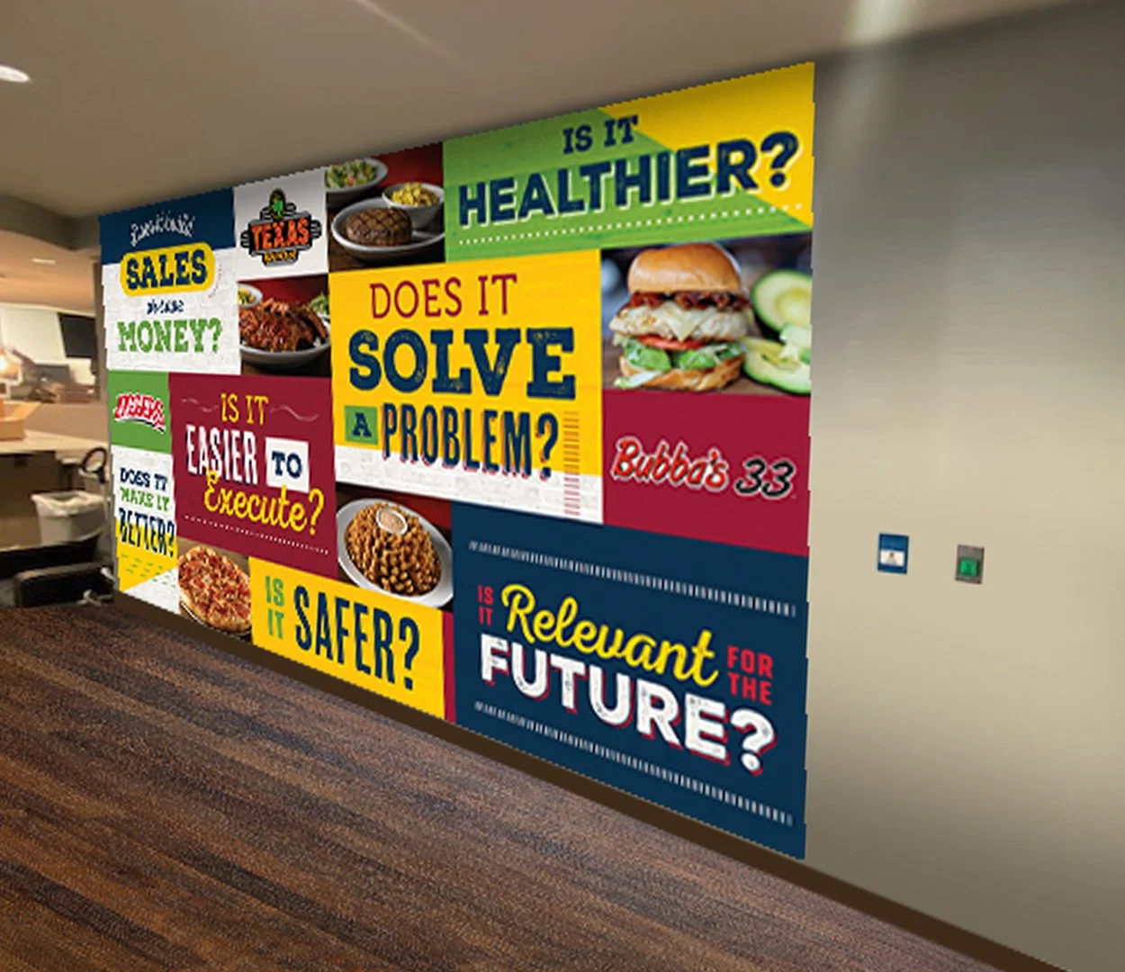Mocked up typographic wall mural design created for Texas Roadhouse support center. Frosting Creative Co. has extensive experience designing for food and beverage brands.