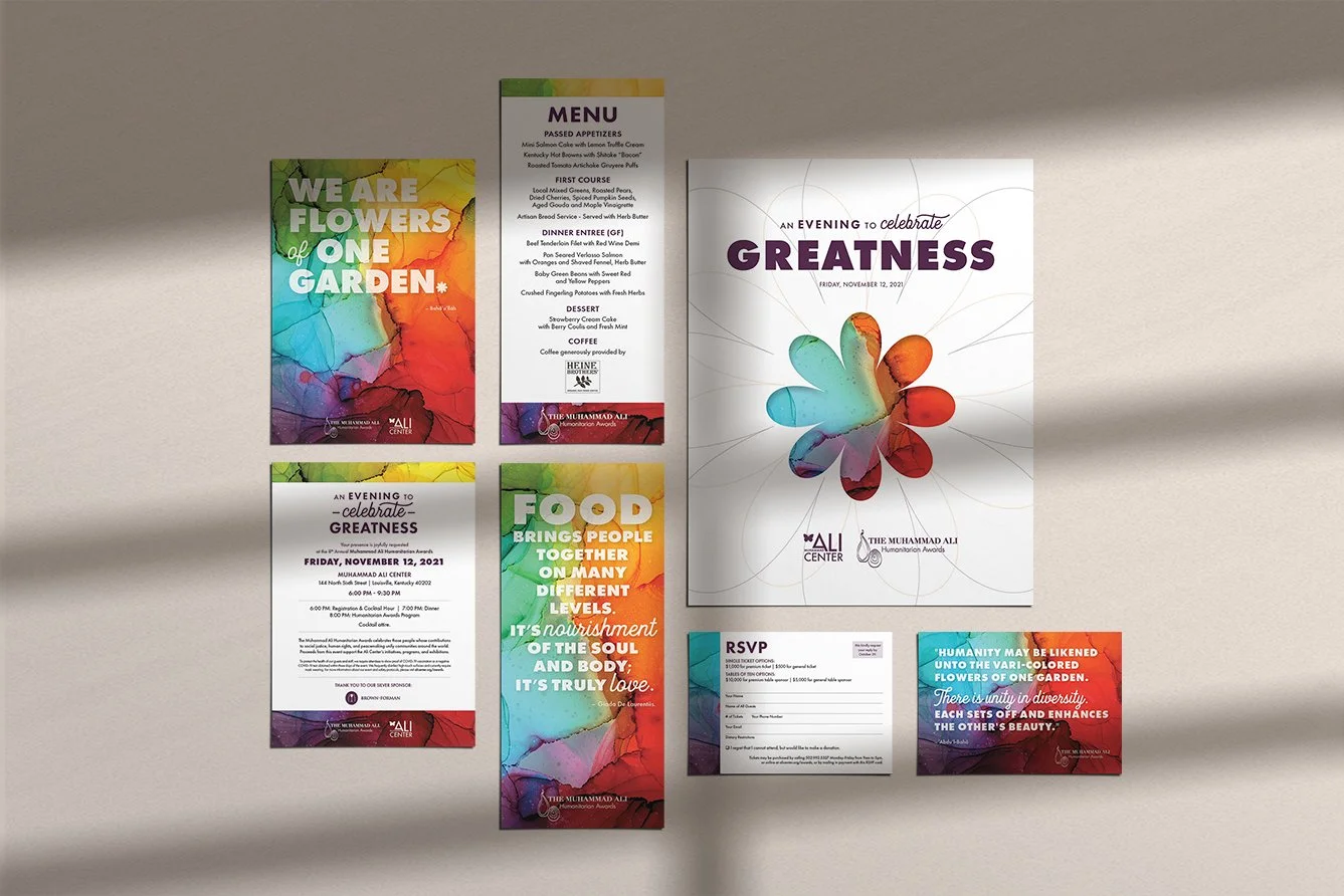 Display of five colorful event flyers and invitation cards for an evening celebrating greatness and diversity, featuring floral artwork, event details, quotes, and RSVP information on a gray background.