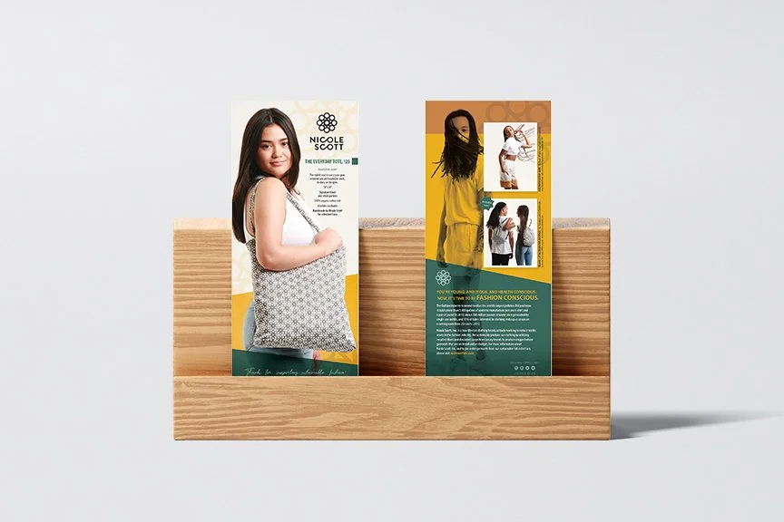Bag stuffer card for up-and-coming fashion designer, Nicole Scott. Frosting Creative Co. excels in helping growing businesses, like fashion designers, reach their goals.
