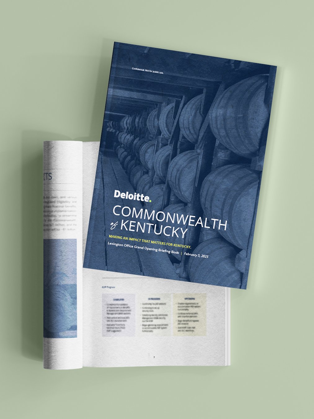 Meeting events guide book for Deloitte Kentucky. Frosting Creative Co. specializes in report and book design for companies. 