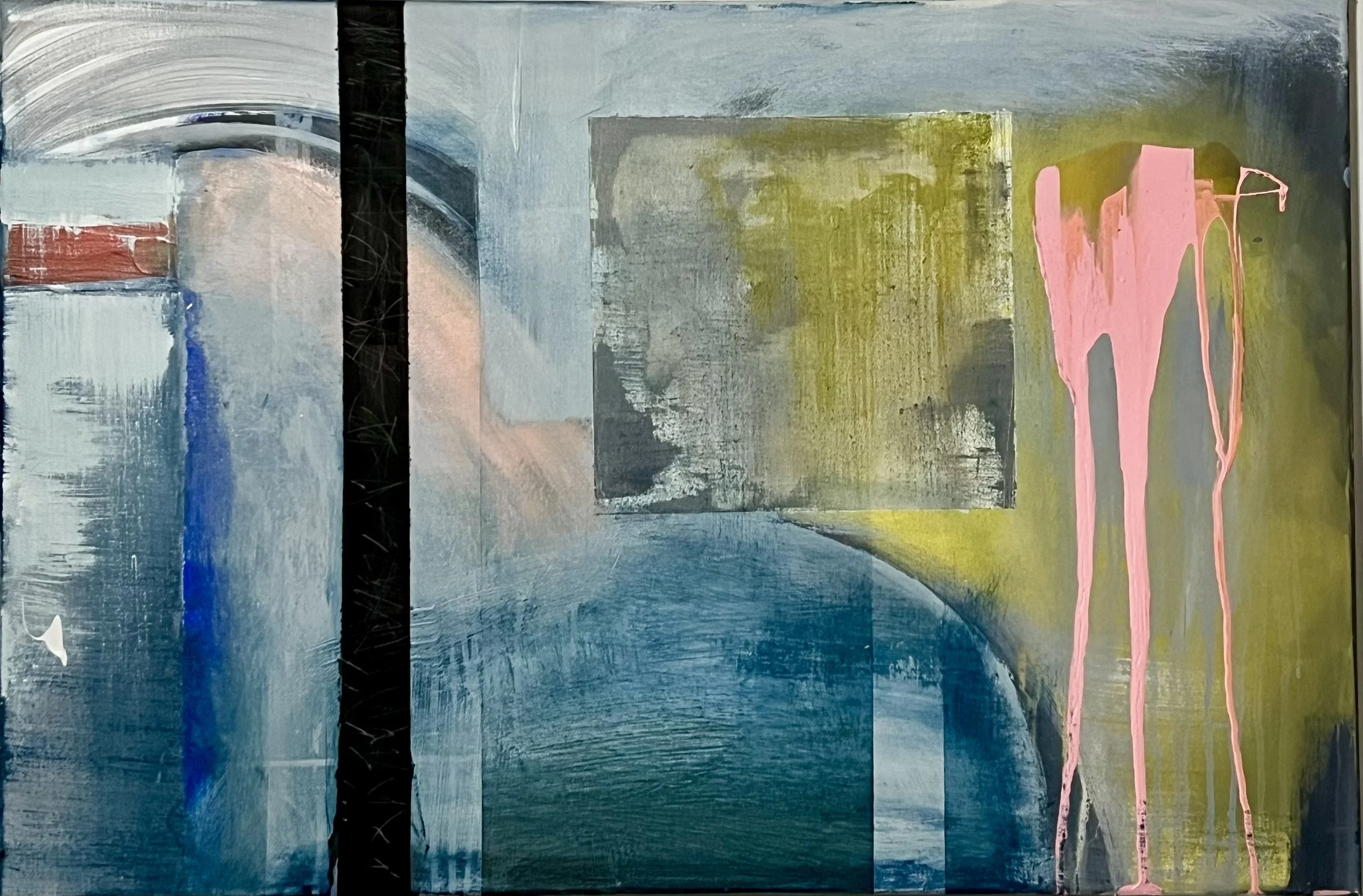 'Pacific Paradise'
This painting is currently for sale. $750
Acrylic on Canvas with wood frame.
25 x 31 x 2.5

Abstract art featuring overlapping geometric shapes with a mix of muted and vibrant colors. Prominent elements include a black vertical str