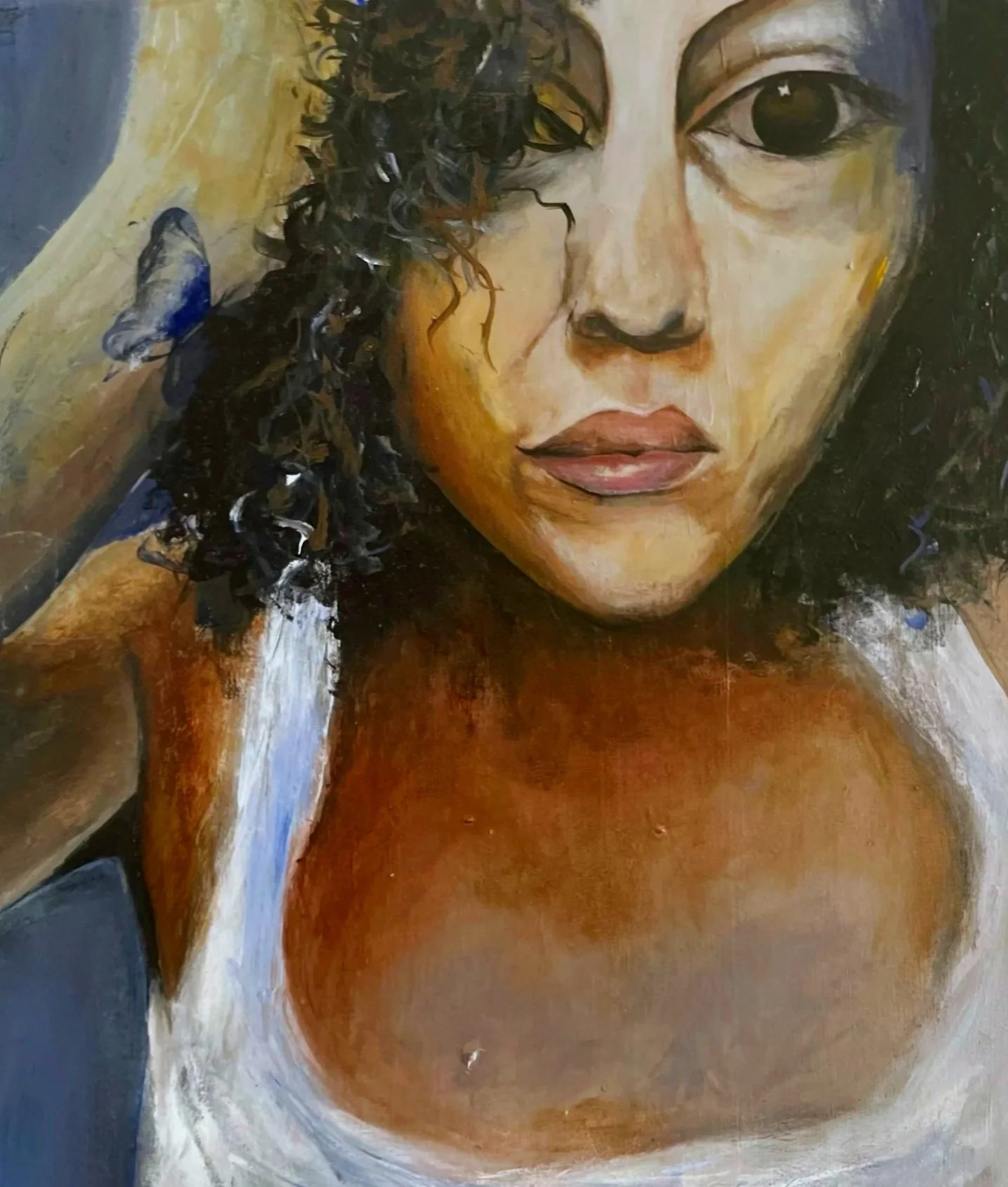 'Self Portrait'
Acrylic on Canvas with wood frame 20 x 26 x 3.5 in
This painting is currently for sale. $600

A woman with curly hair and a serious expression gazes directly at the viewer, wearing a white tank top. Subtle dark and blue tones surround