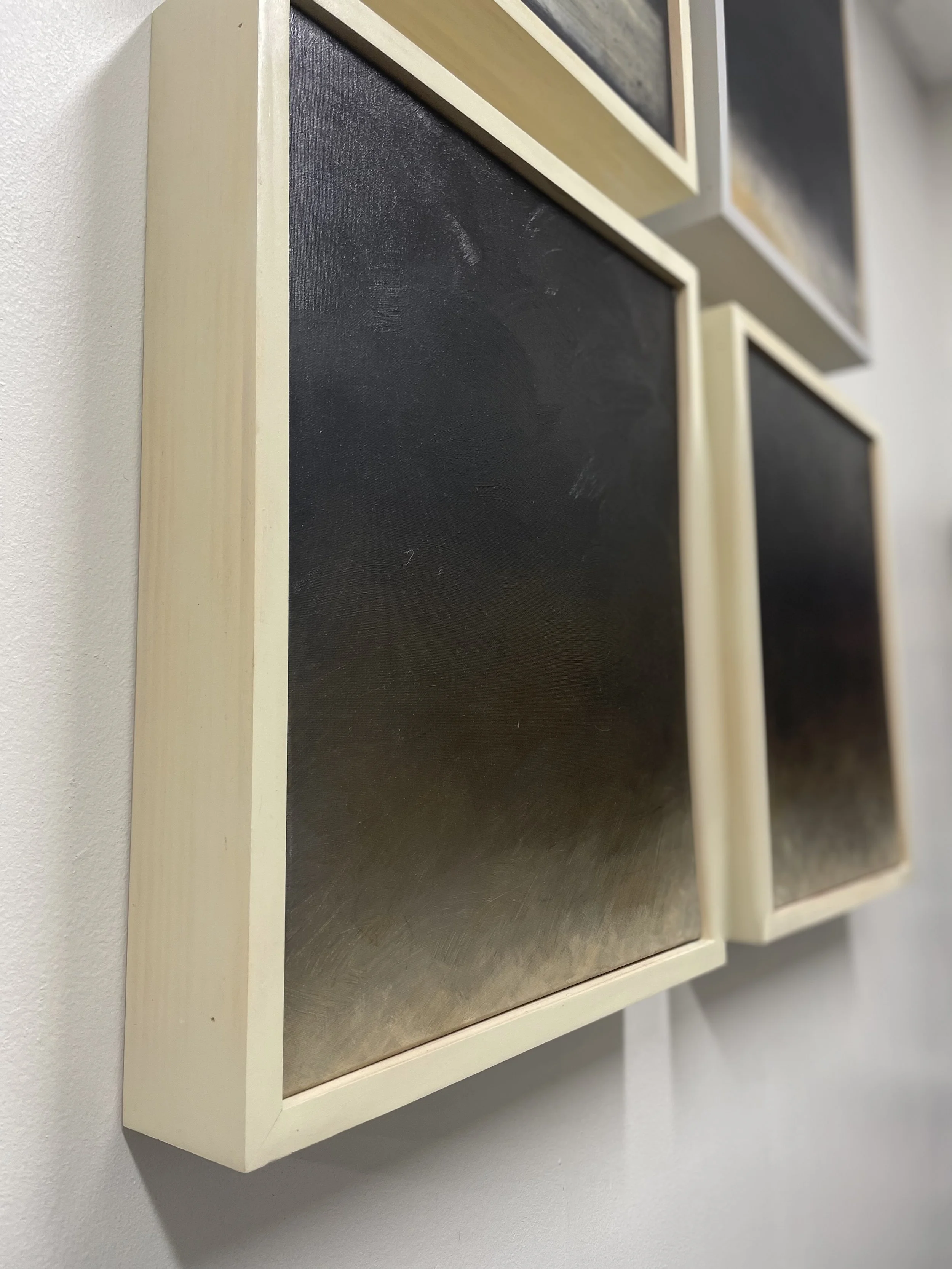 'Grounded 1 & 2' 
These paintings are for sale. $500 for the pair.
Acrylic on canvas with wood frame.
A dark and moody scene transitions smoothly from deep blacks and greens at the top to earthy browns at the bottom. The texture is rich with visible 